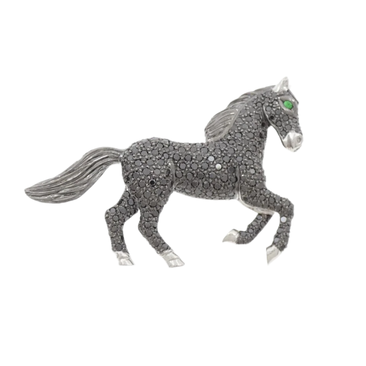 18k Solid White Gold Equestrian Horse Brooch with Black Diamonds and Garnet 3.75 CTW