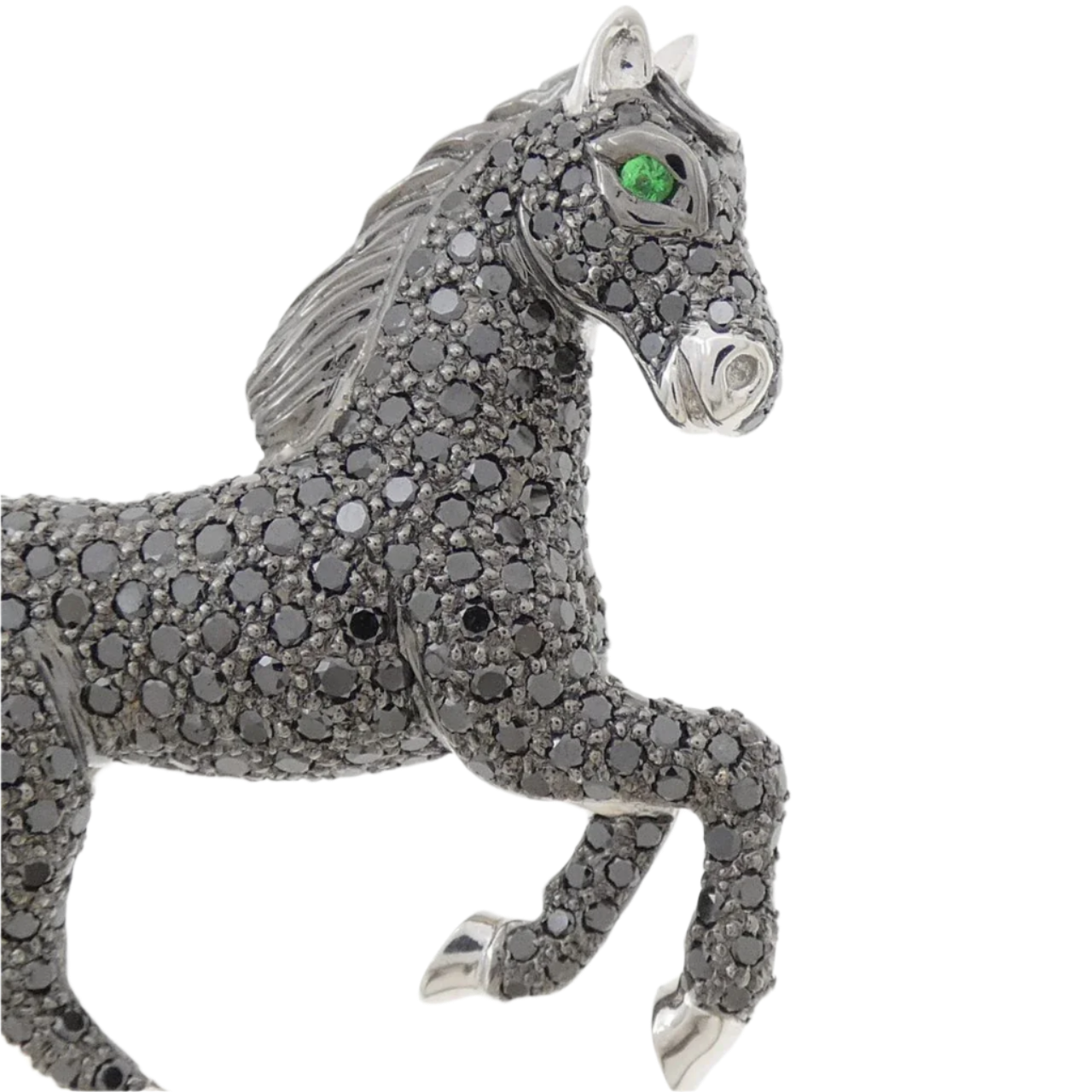 18k Solid White Gold Equestrian Horse Brooch with Black Diamonds and Garnet 3.75 CTW