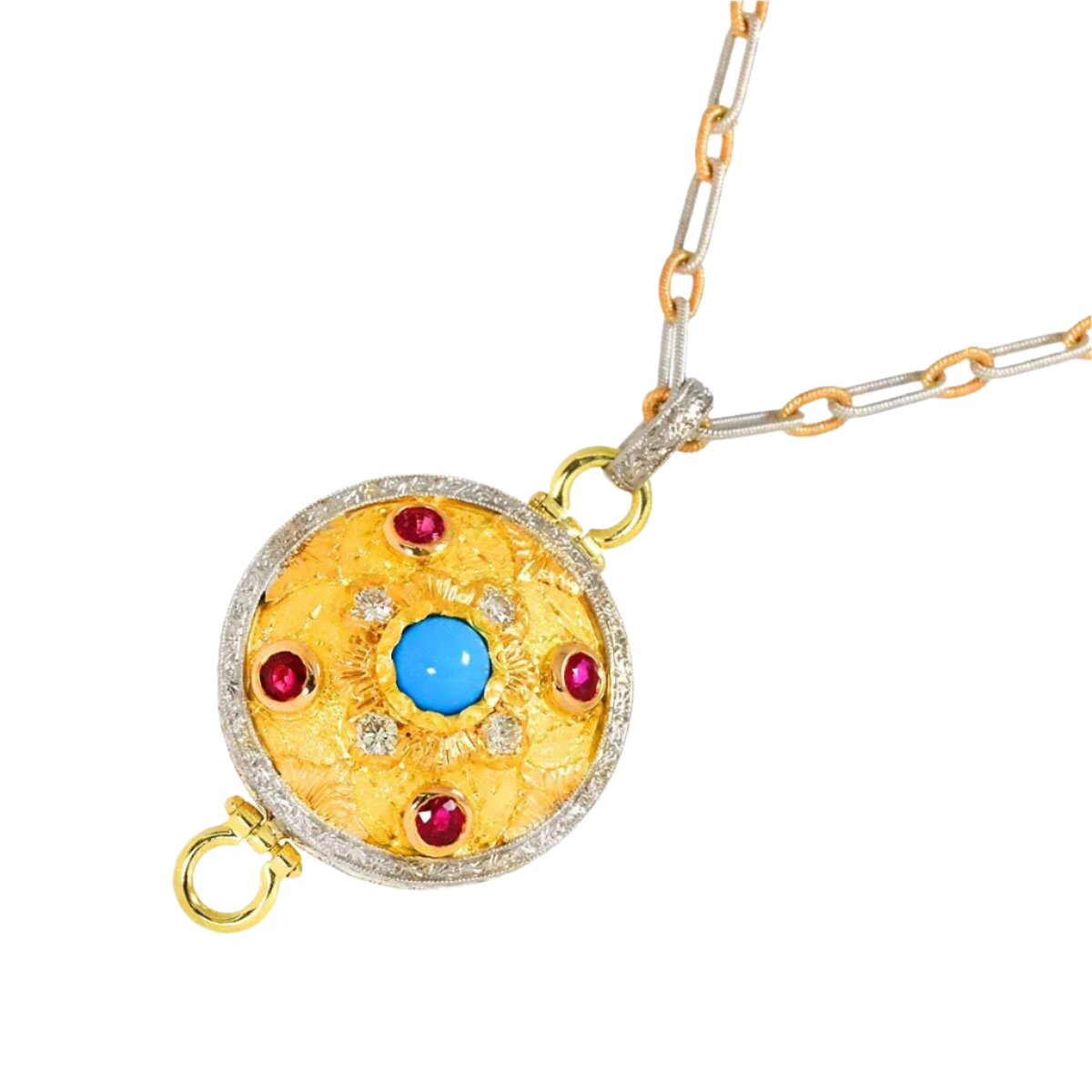 CAZZANIGA 18k Gold Turquoise, Ruby and Diamond Vintage Necklace