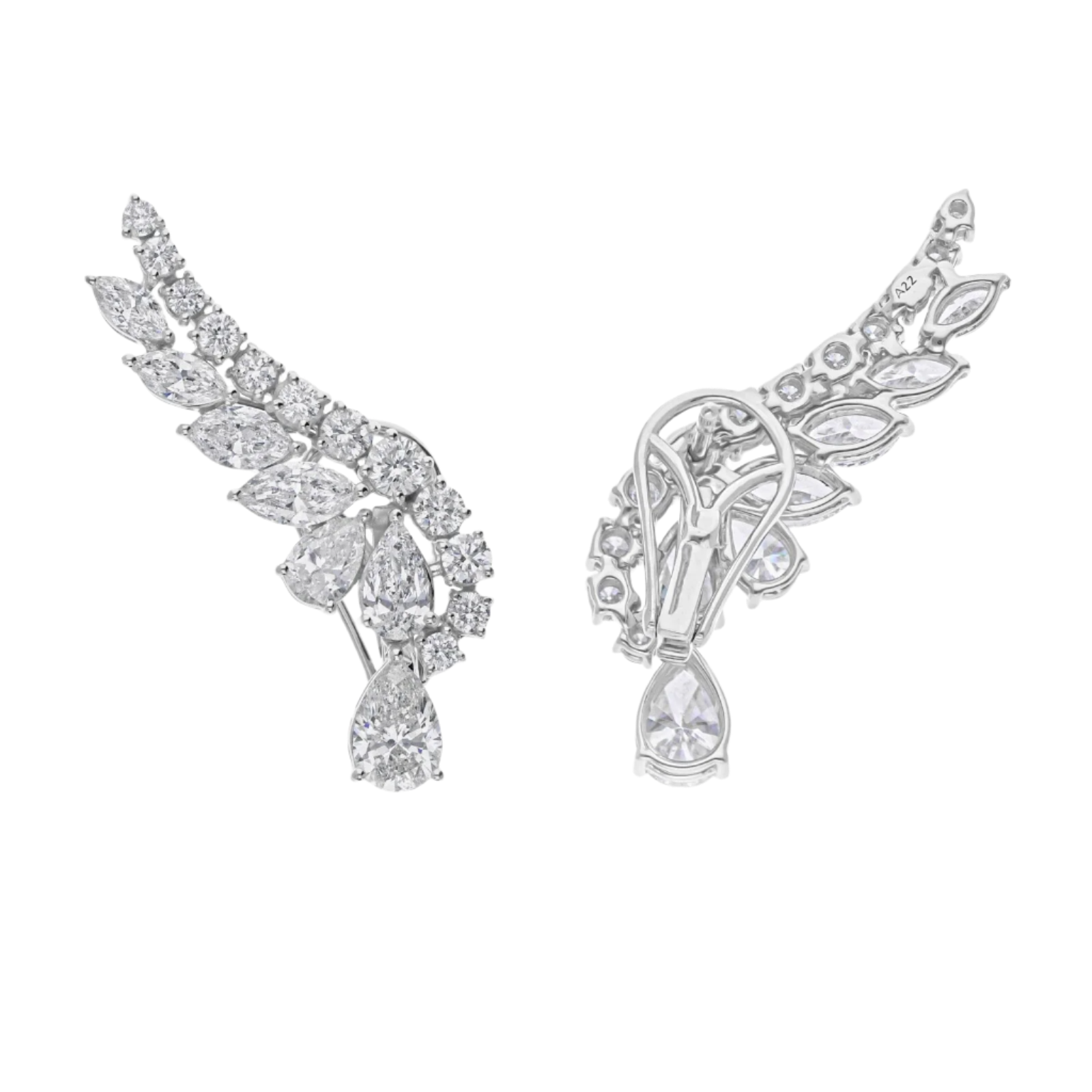 18k Solid White Gold Wing Motif Diamond Earrings 5.24 CTW