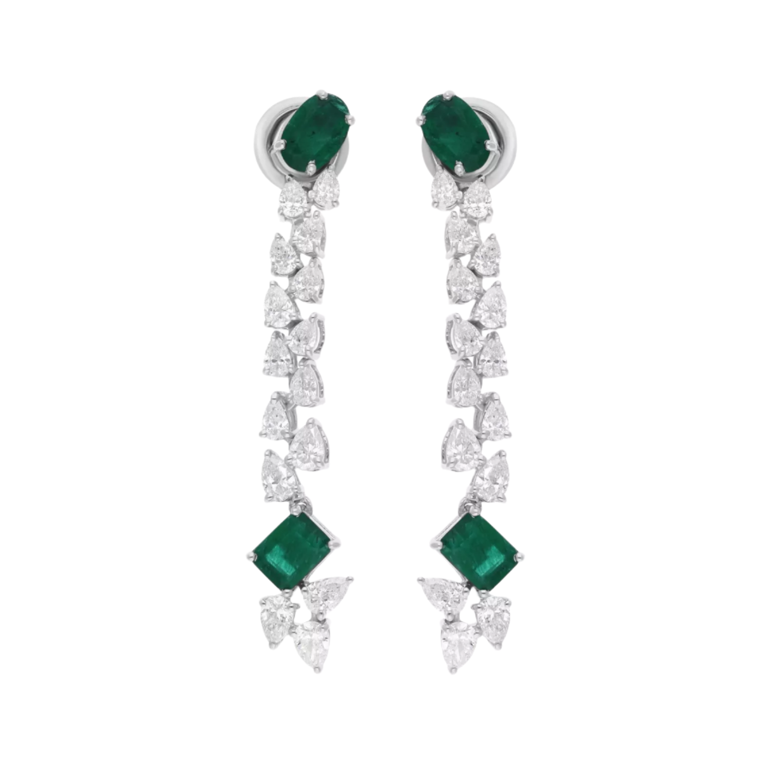 18k White Gold Dangle Drop Earrings with Zambian Emeralds and Diamonds 3.48 CTW