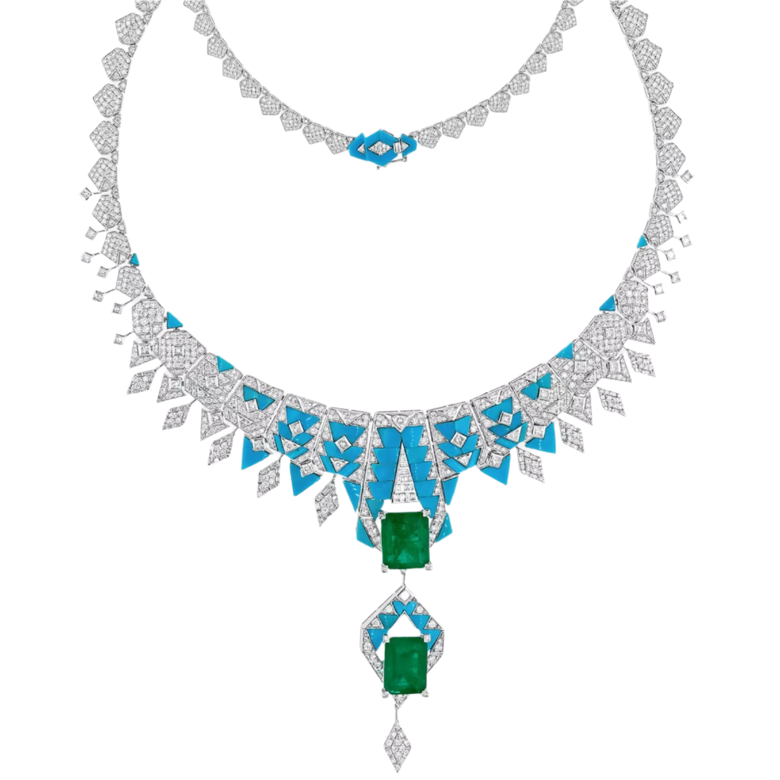 18K White gold Zambian Emerald, Turquoise and Diamond Lariat Necklace 14.95 CTW