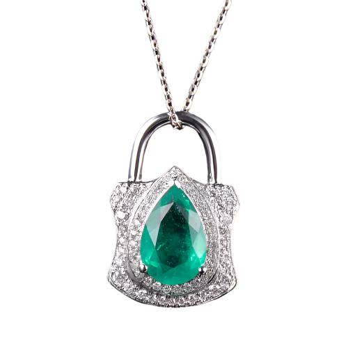 18k Solid White Gold Diamond Pendant with Colombian Emerald 3.45 CTW