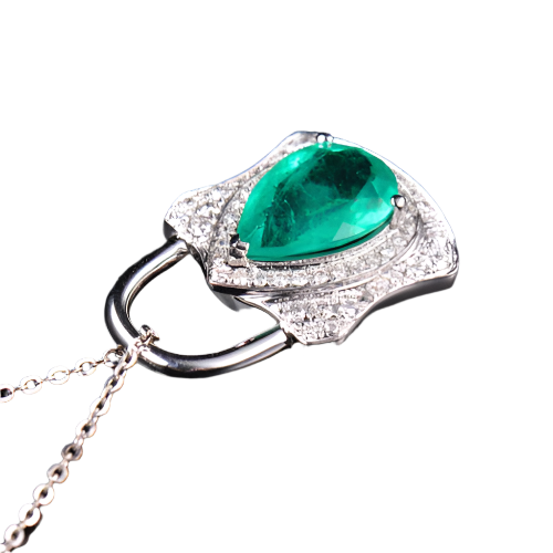 18k Solid White Gold Diamond Pendant with Colombian Emerald 3.45 CTW
