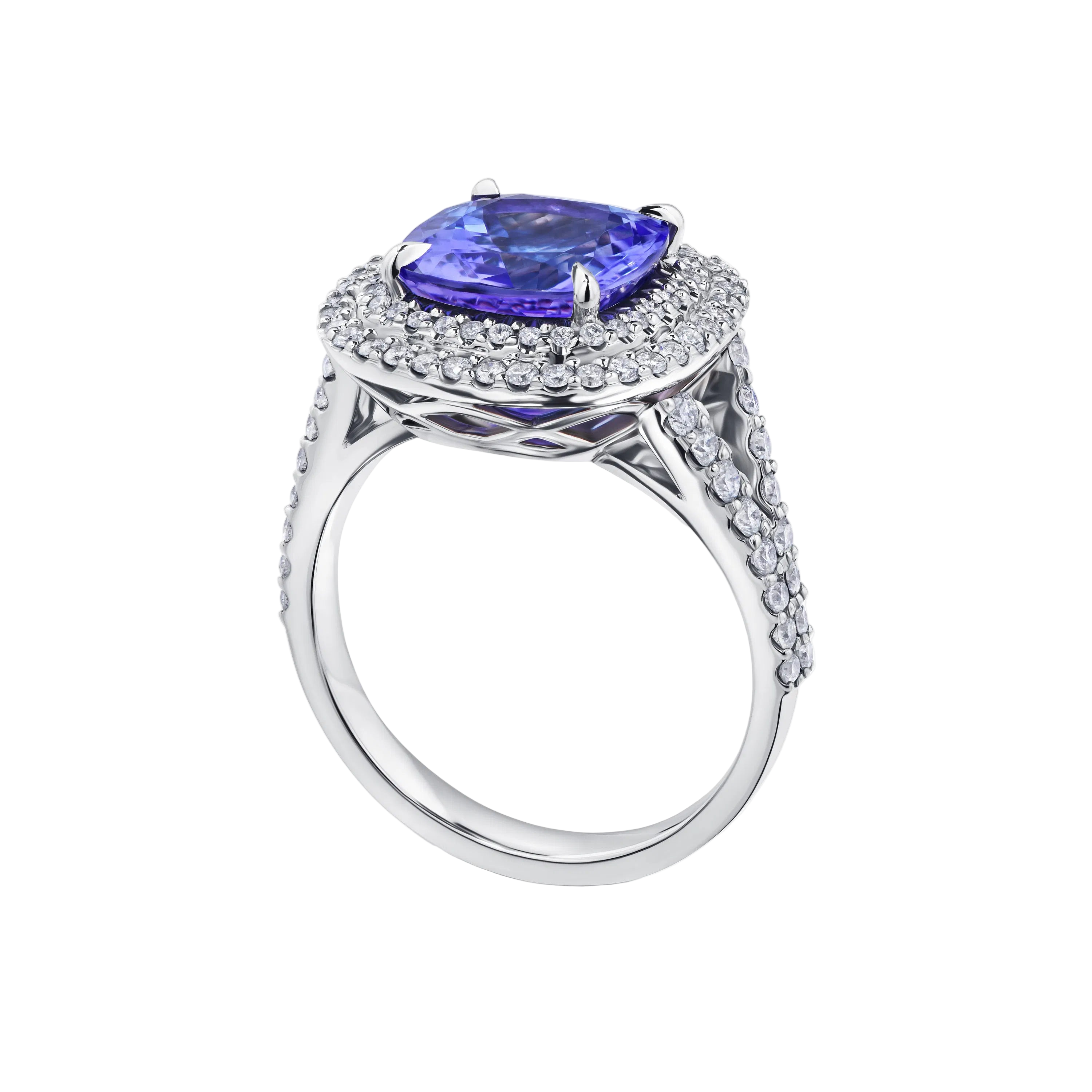 18k Solid White Gold Violet Tanzanite and Diamond Cocktail Ring 6.20 CTW