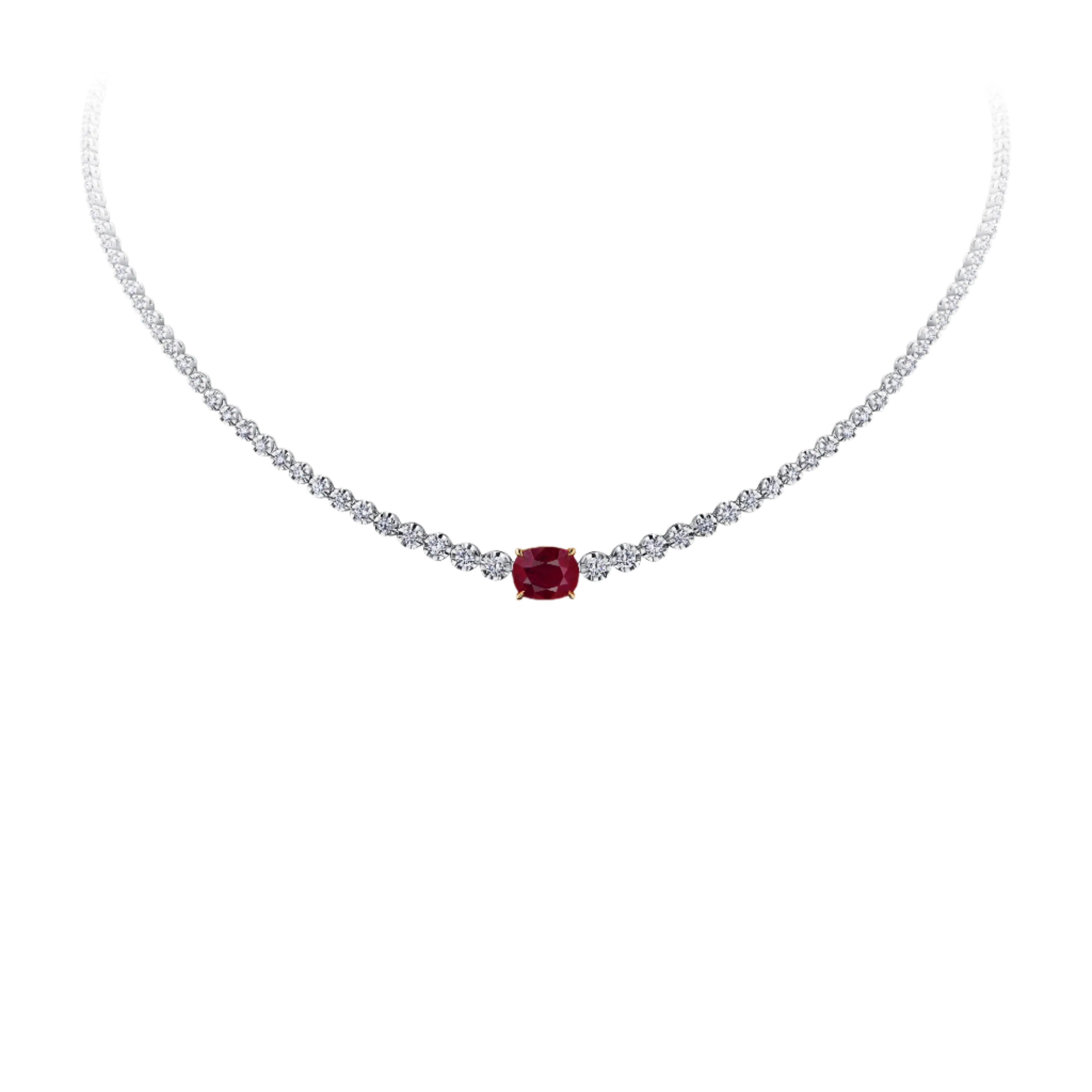 18k Solid White Gold Diamond Riviera Necklace with Pigeon Blood Ruby 14.55 CTW