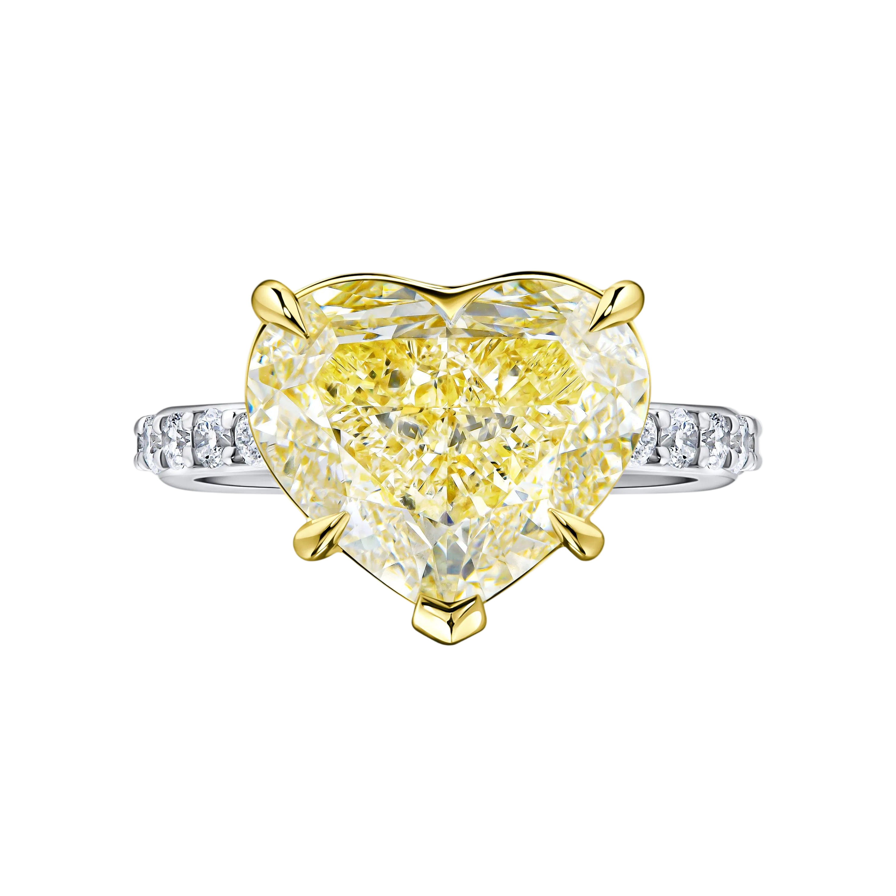 18k Solid Gold Heart-Shaped Fancy Yellow and White Diamond Statement Ring 6.55 CTW