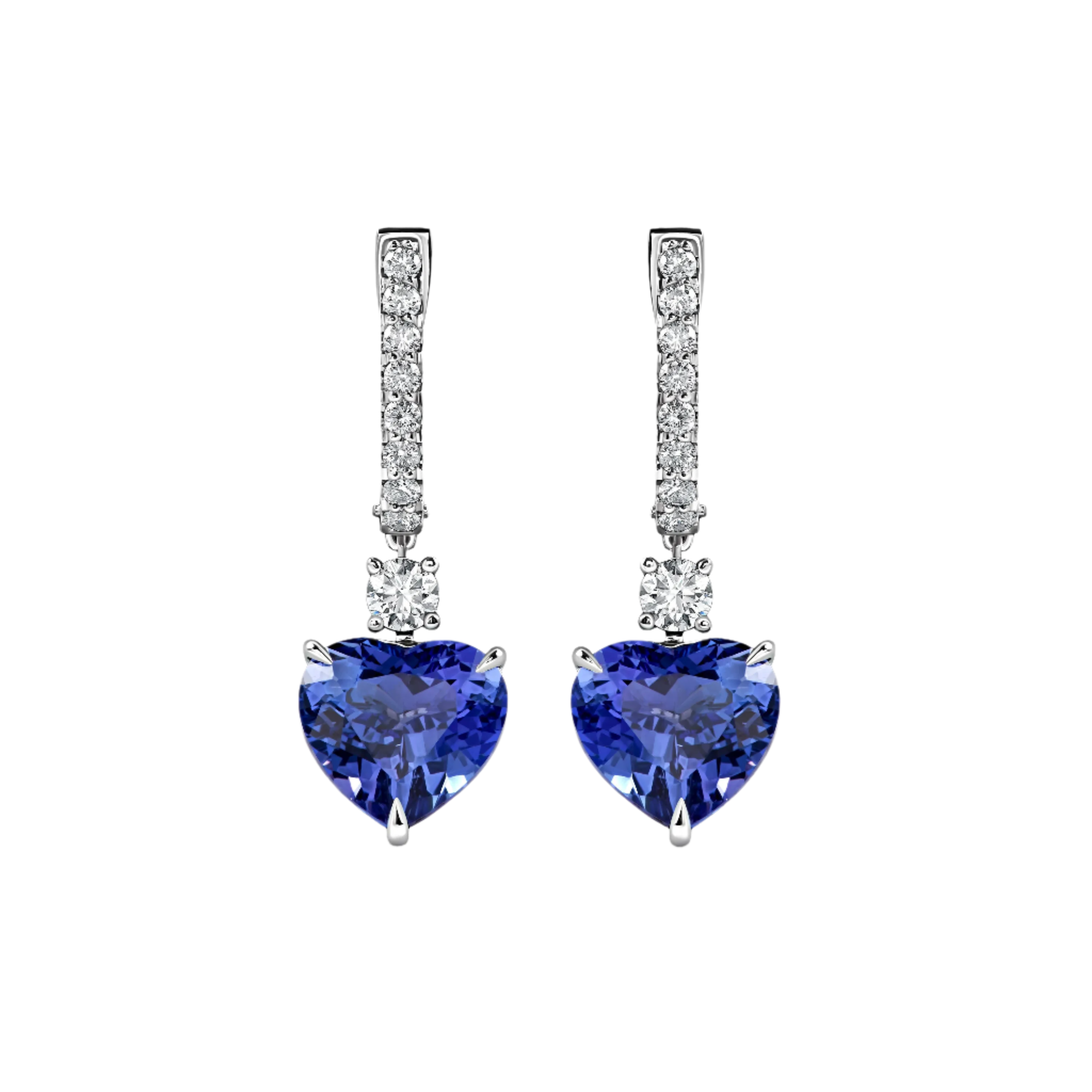 18k Solid White Gold Heart-Shaped Tanzanite Drop Earrings with Diamonds 5.45 CTW