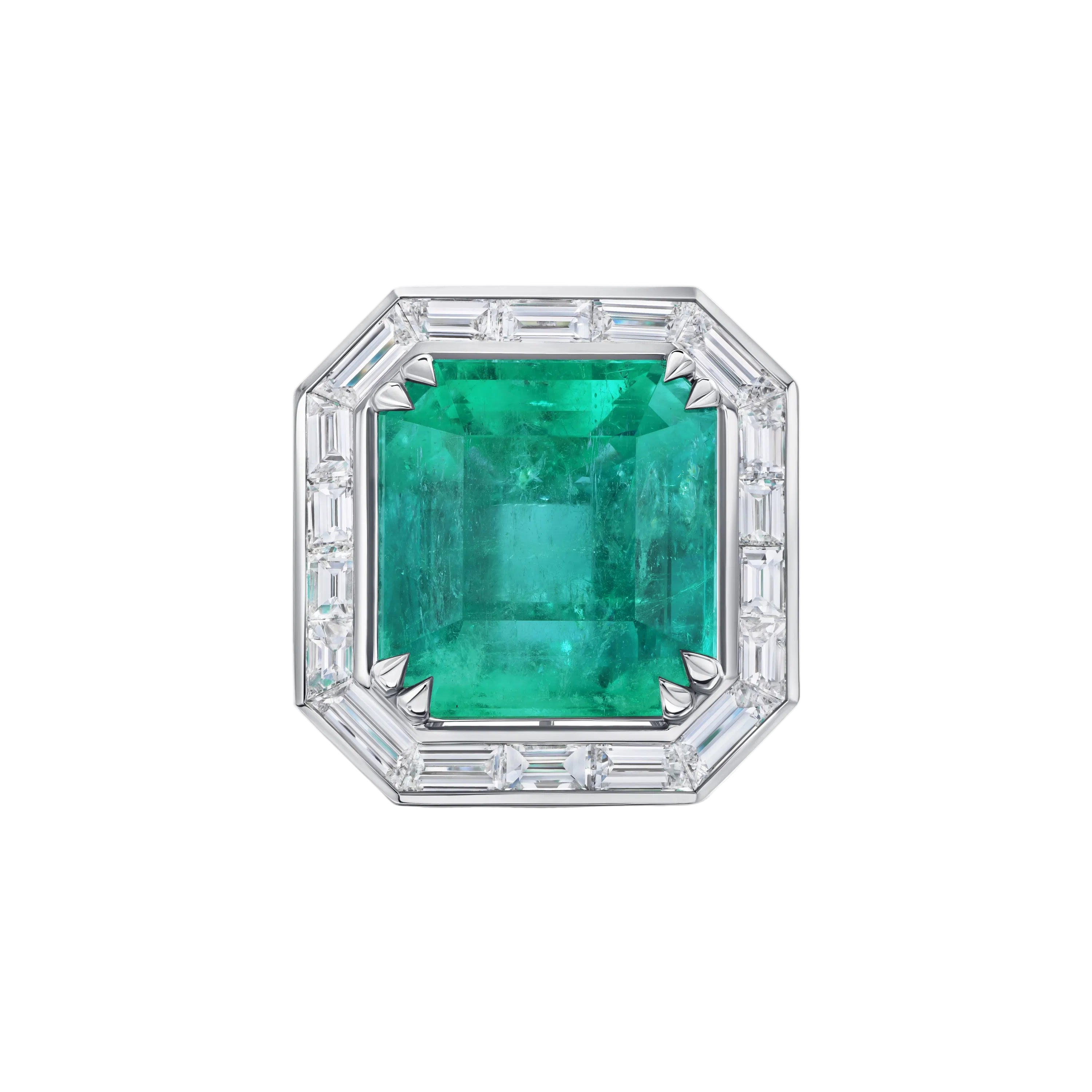 18k Solid White Gold Zambian Emerald and Baguette Diamond Cocktail Ring 6.90 CTW
