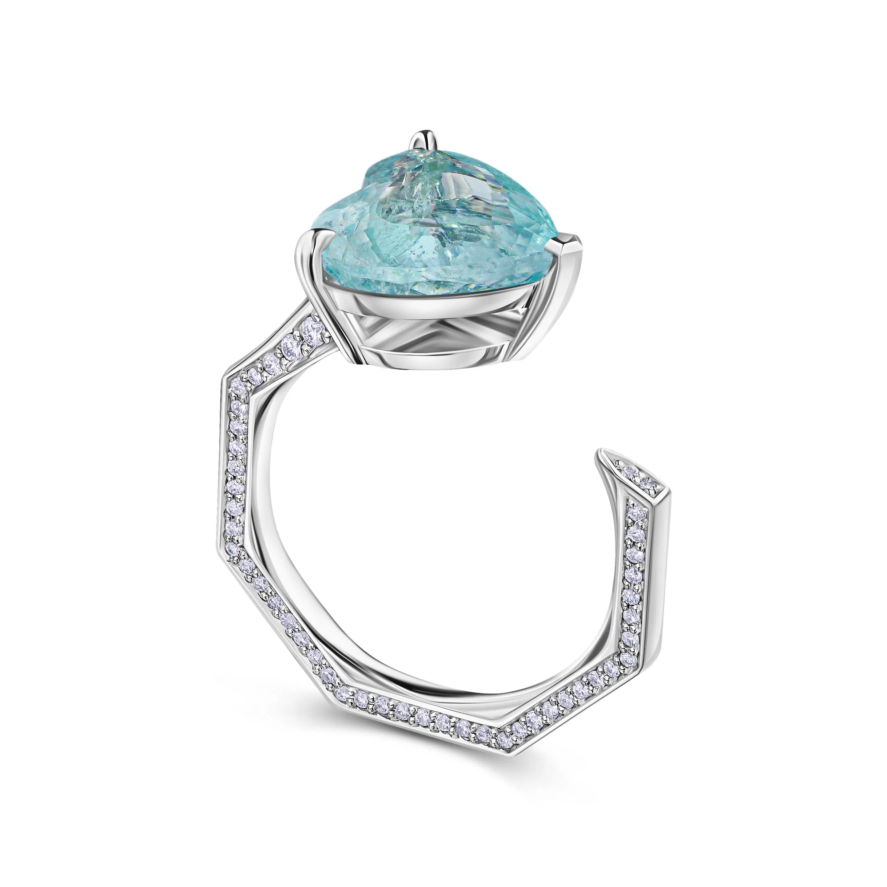 18k Solid White Gold Neon Blue Tourmaline and Diamond Cocktail Ring 4.30 CTW