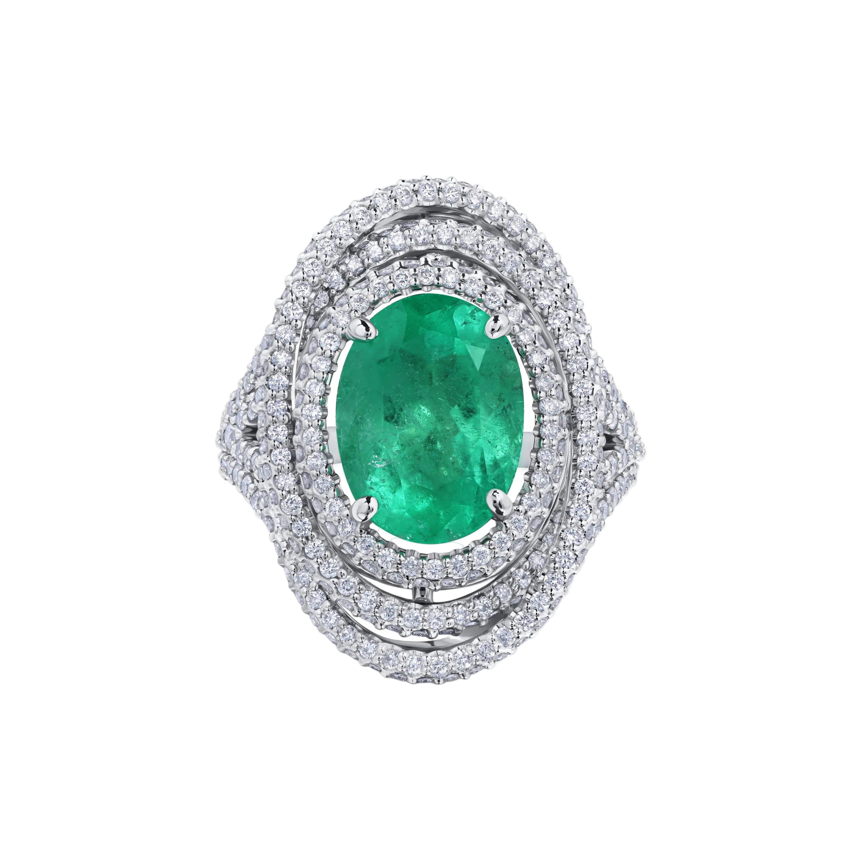 18k Solid White Gold Zambian Emerald and Diamond Pave Cocktail Ring 4.87 CTW