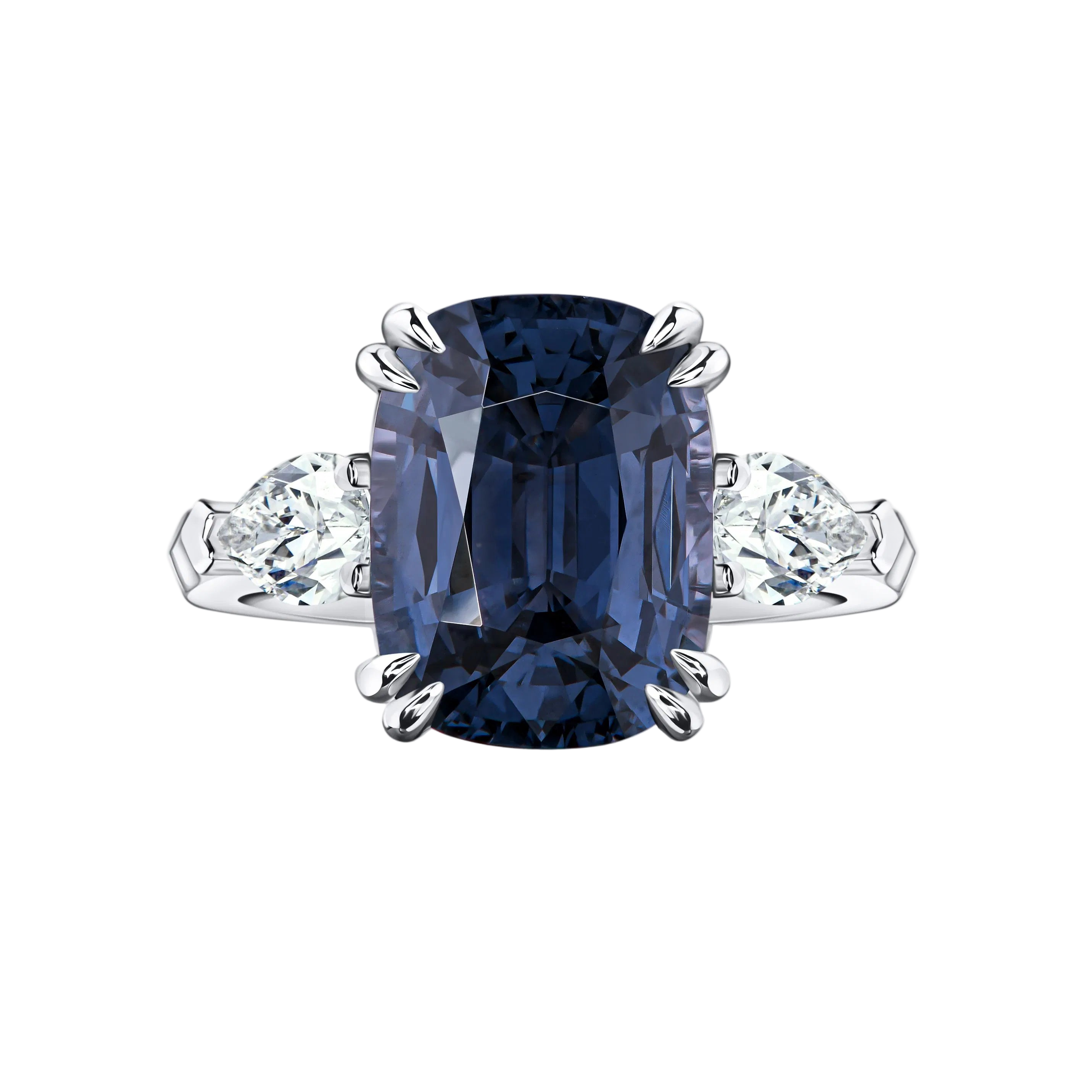18k Solid White Gold Royal Sapphire and Diamond Trilogy Ring 4.88 CTW