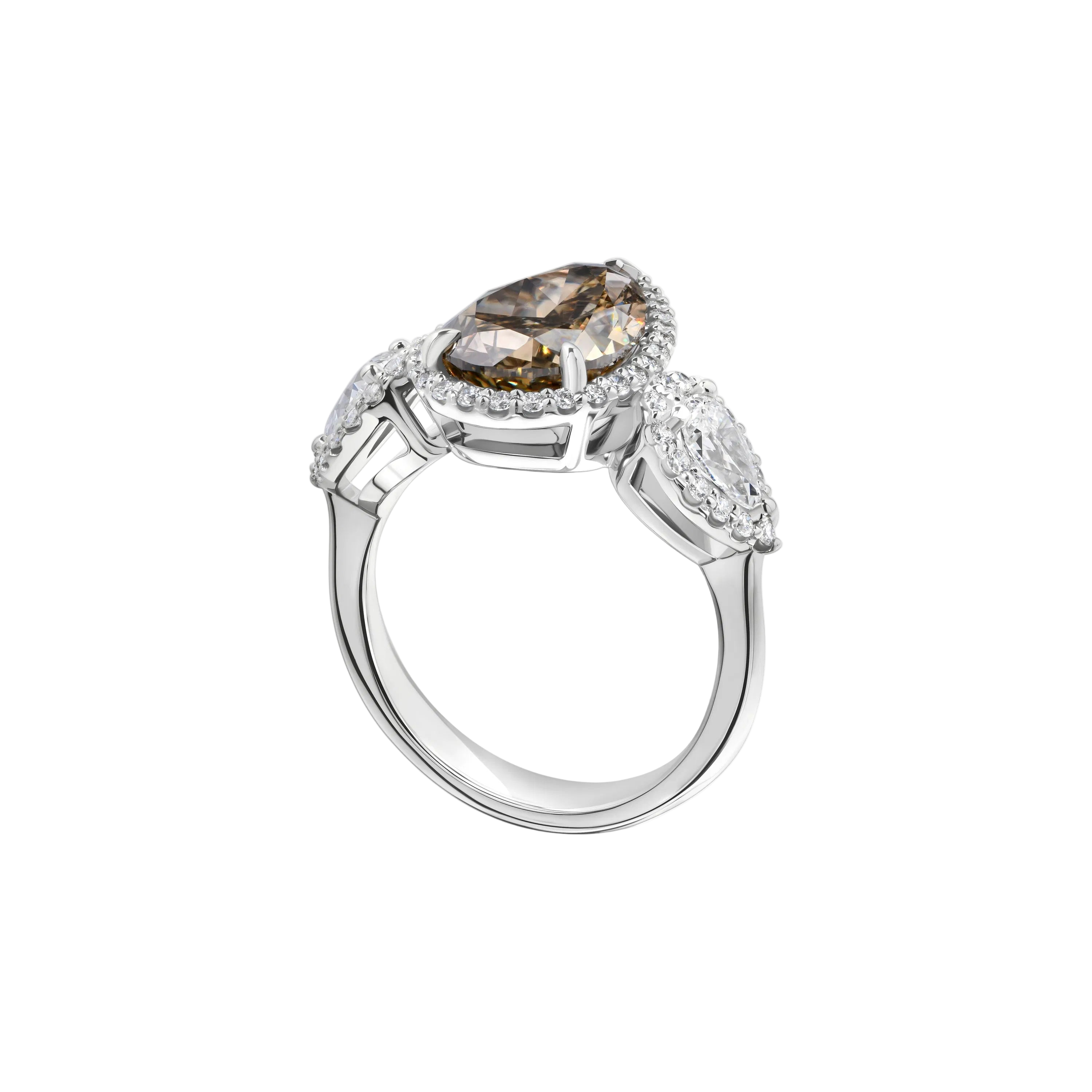 18k Solid White Gold Fancy Brown Pear and White Diamond Statement Ring 6.85 CTW