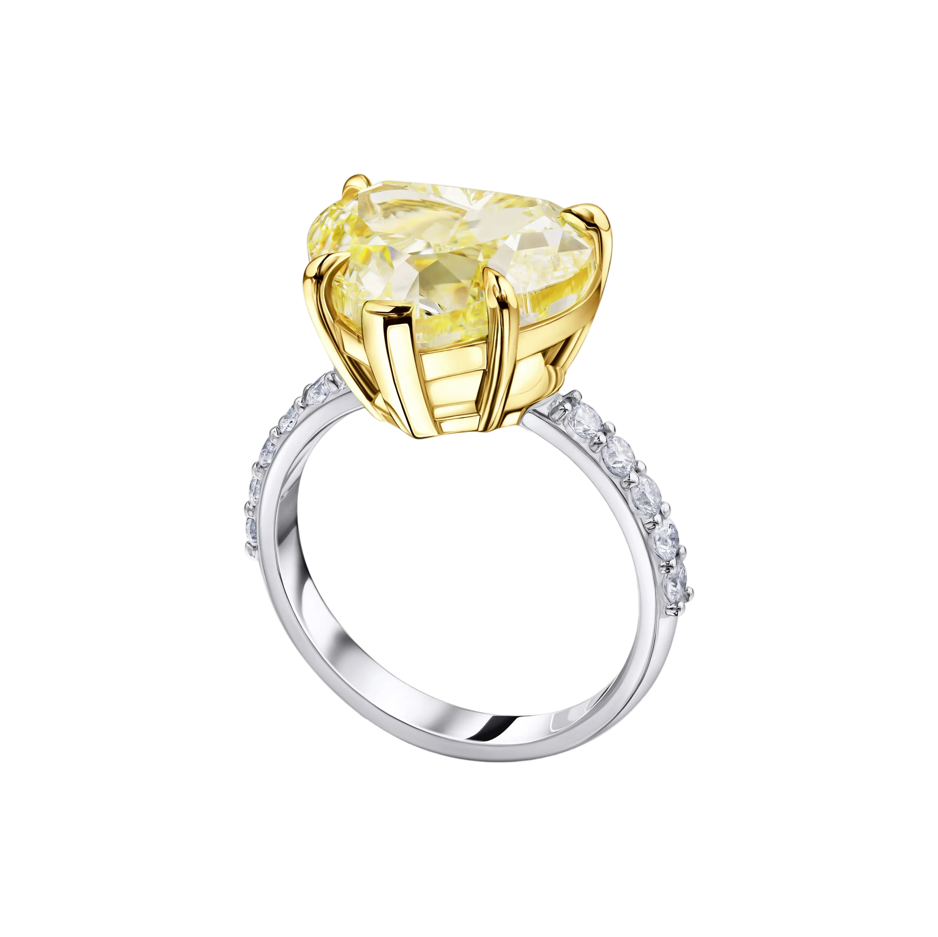 18k Solid Gold Heart-Shaped Fancy Yellow and White Diamond Statement Ring 6.55 CTW