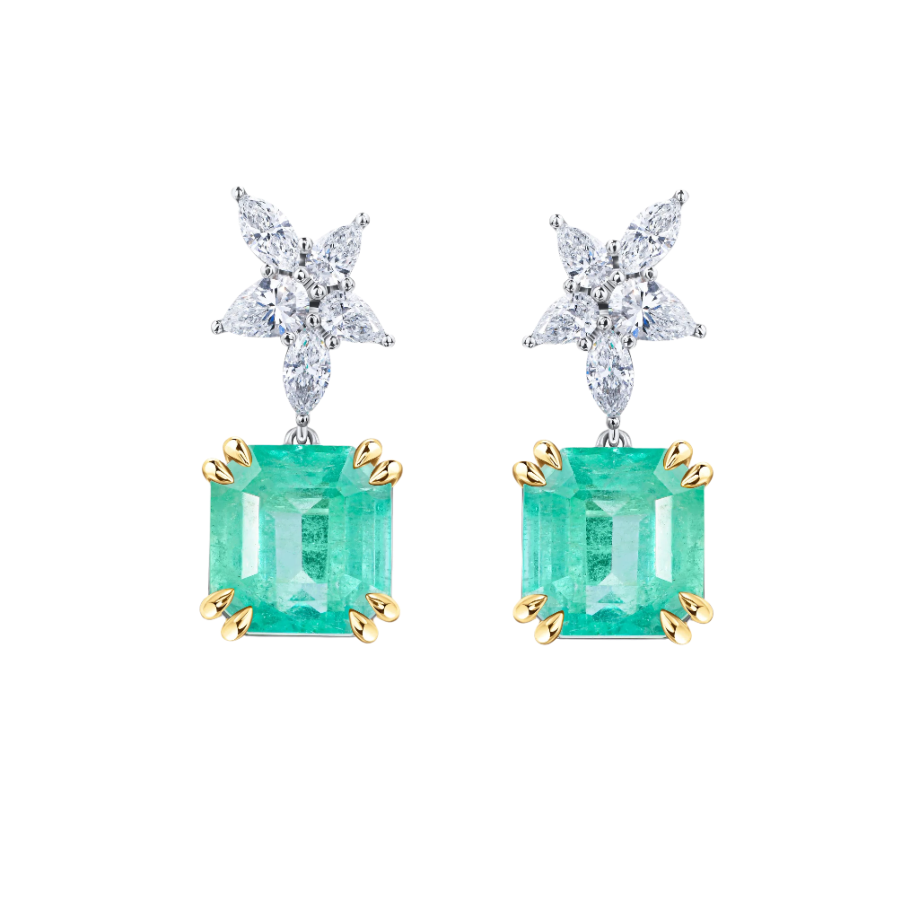 18k Solid White Gold Zambian Emerald and Diamond Cluster Earrings 7.80 CTW