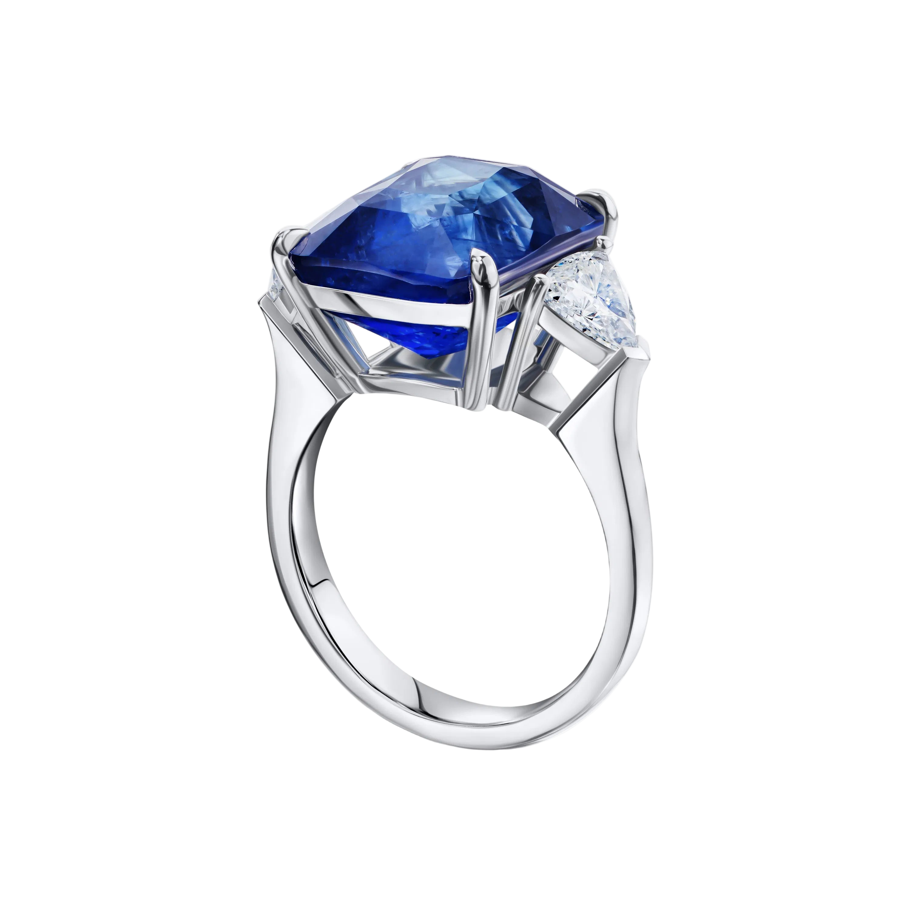 18k Solid White Gold Royal Blue Sapphire and Diamond Trilogy Ring 8.88 CTW