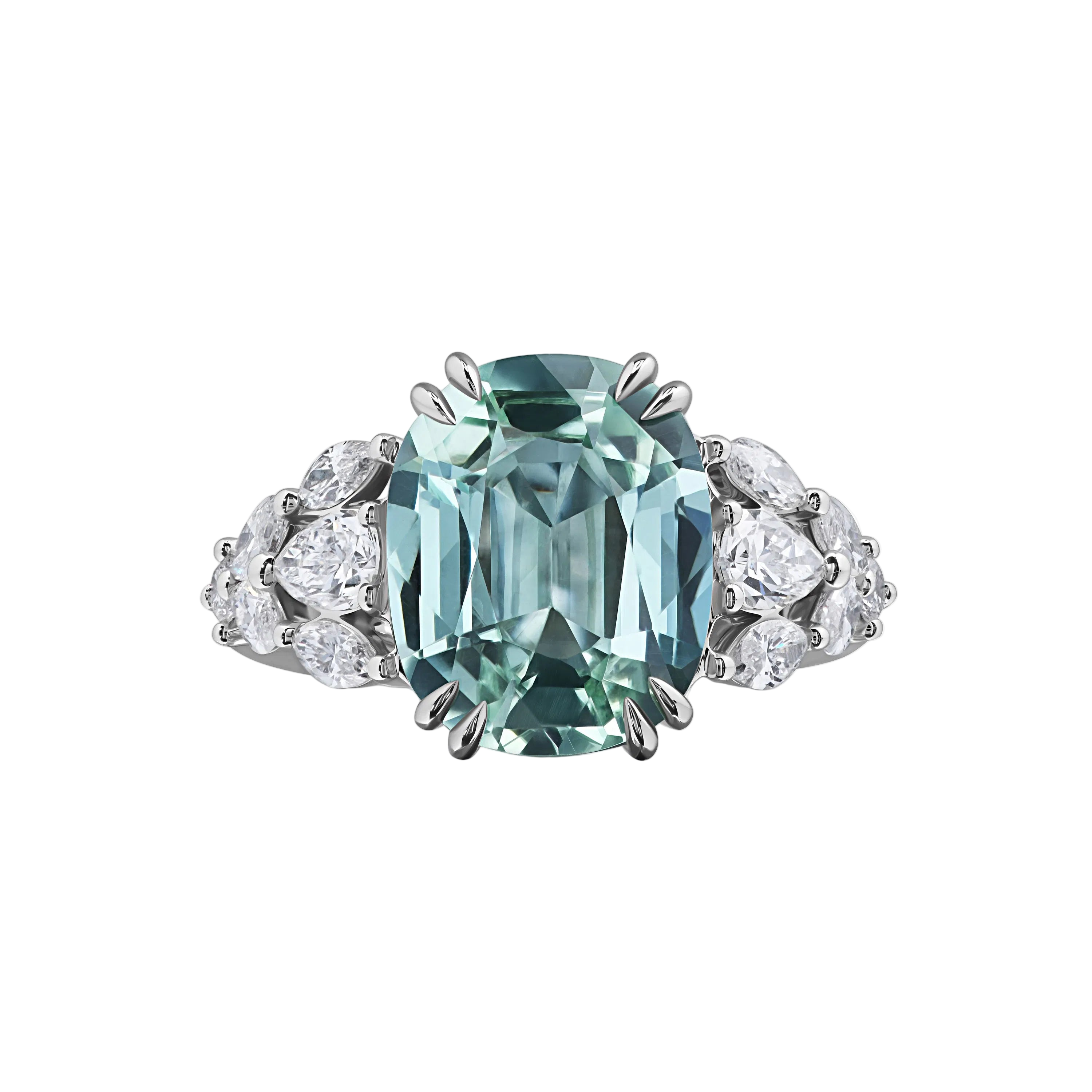 18k Solid White Gold Intense Blue Aquamarine and Diamond Cocktail Ring 5.88 CTW