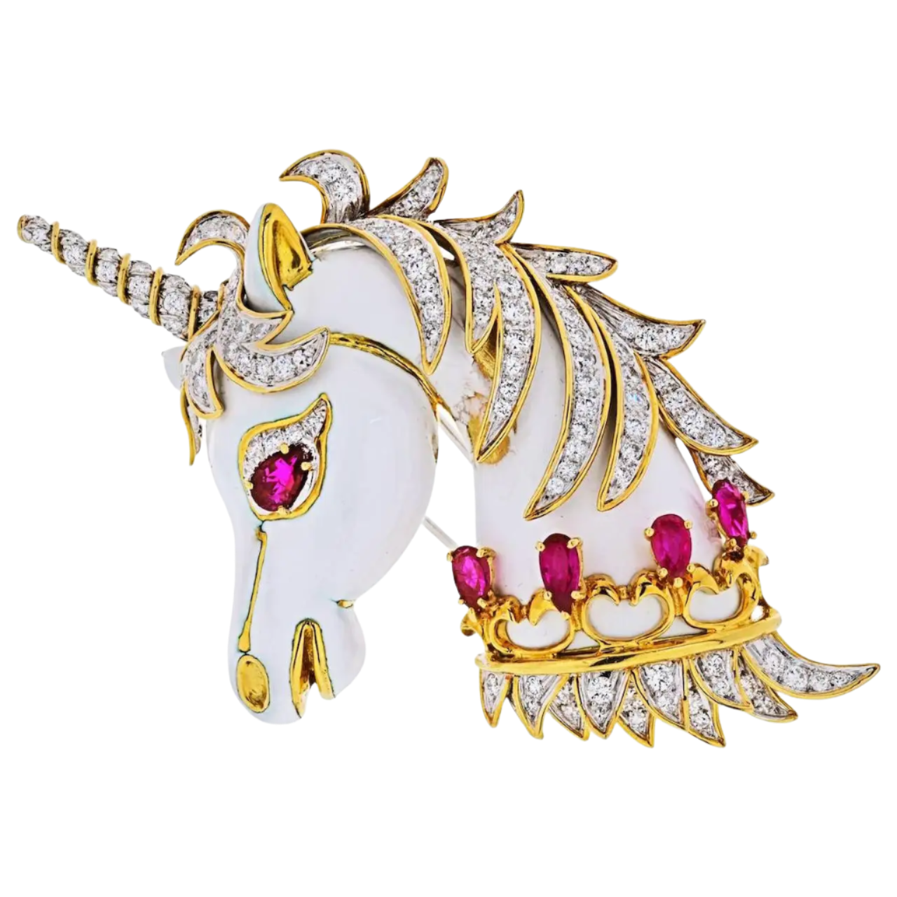 White Unicorn 18k Solid Yellow Gold Enamel, Diamonds, Rubies Horse Brooch
