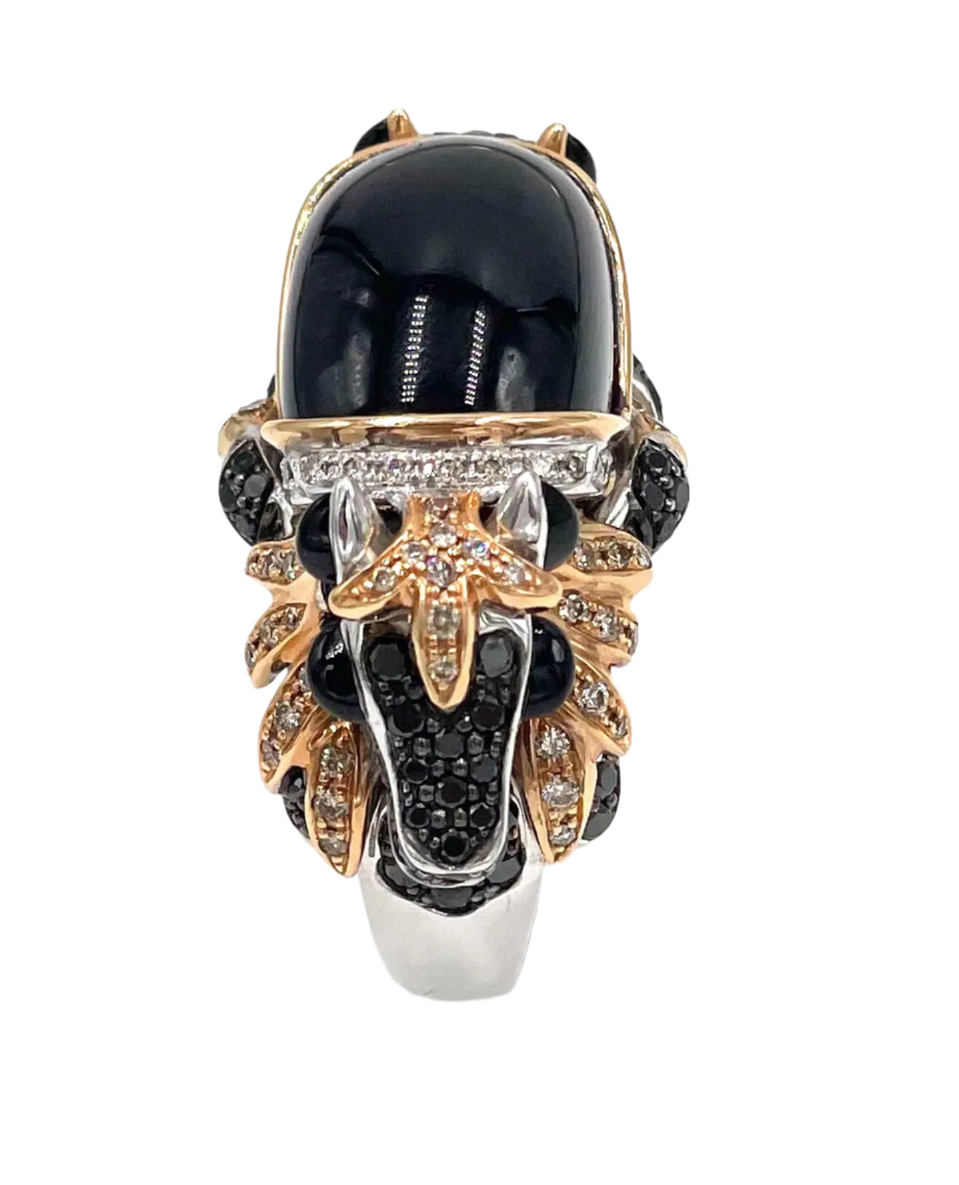18k Solid Rose Gold Cabochon Black Spinel Double Horse Diamond Ring