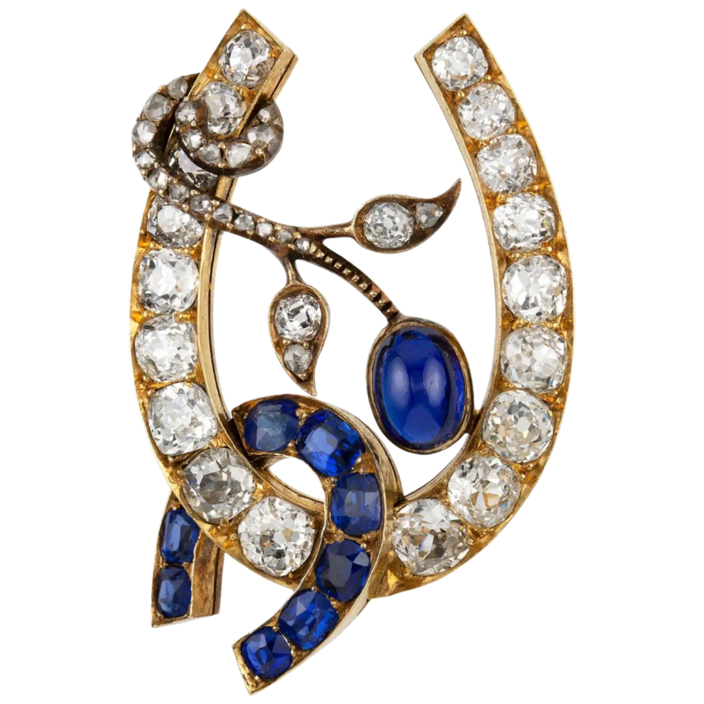 18k Solid Yellow Gold, Sapphire and Diamond Horse-Shoe Brooch