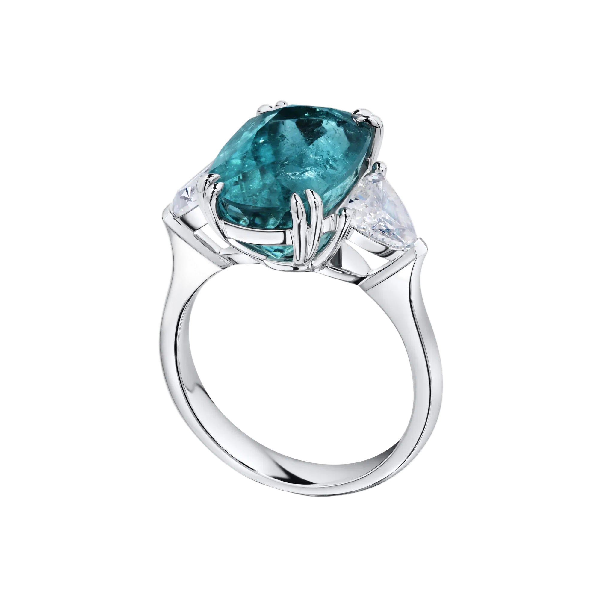 18k Solid White Gold Blue Tourmaline and Diamond Trilogy Ring  8.23 CTW