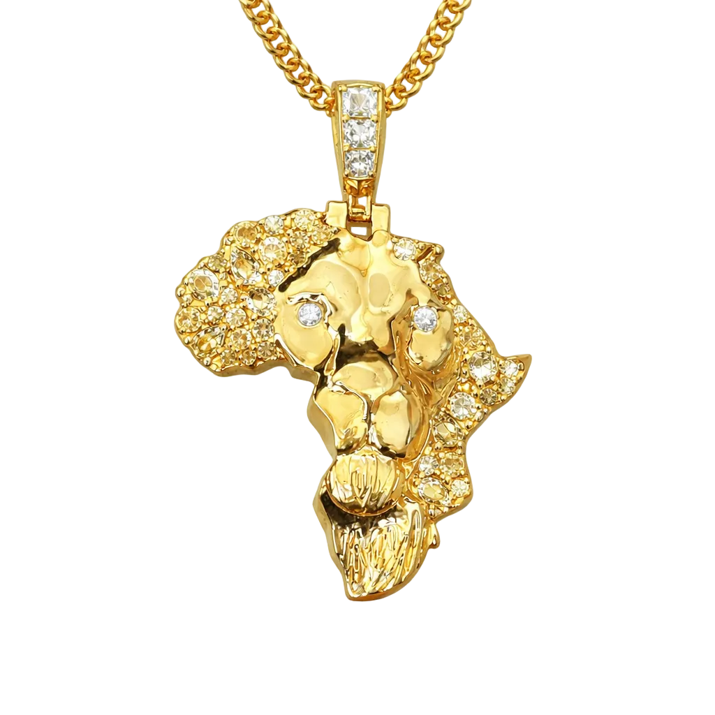18k Solid Yellow Gold Lion Head Sculptured Pendant with Diamonds on a chain 2.85 CTW