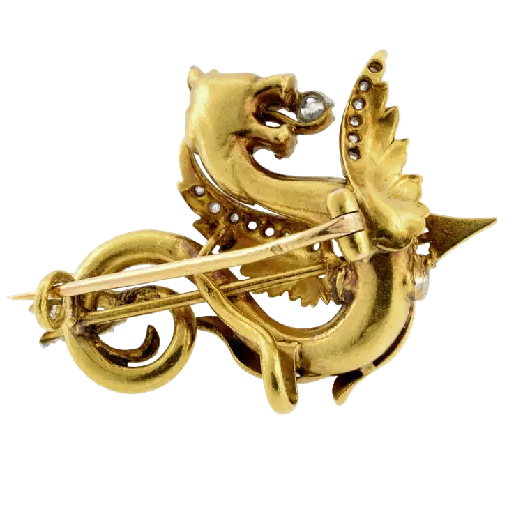 Antique French Griffin Brooch in 18k Solid Yellow Gold With Diamonds
