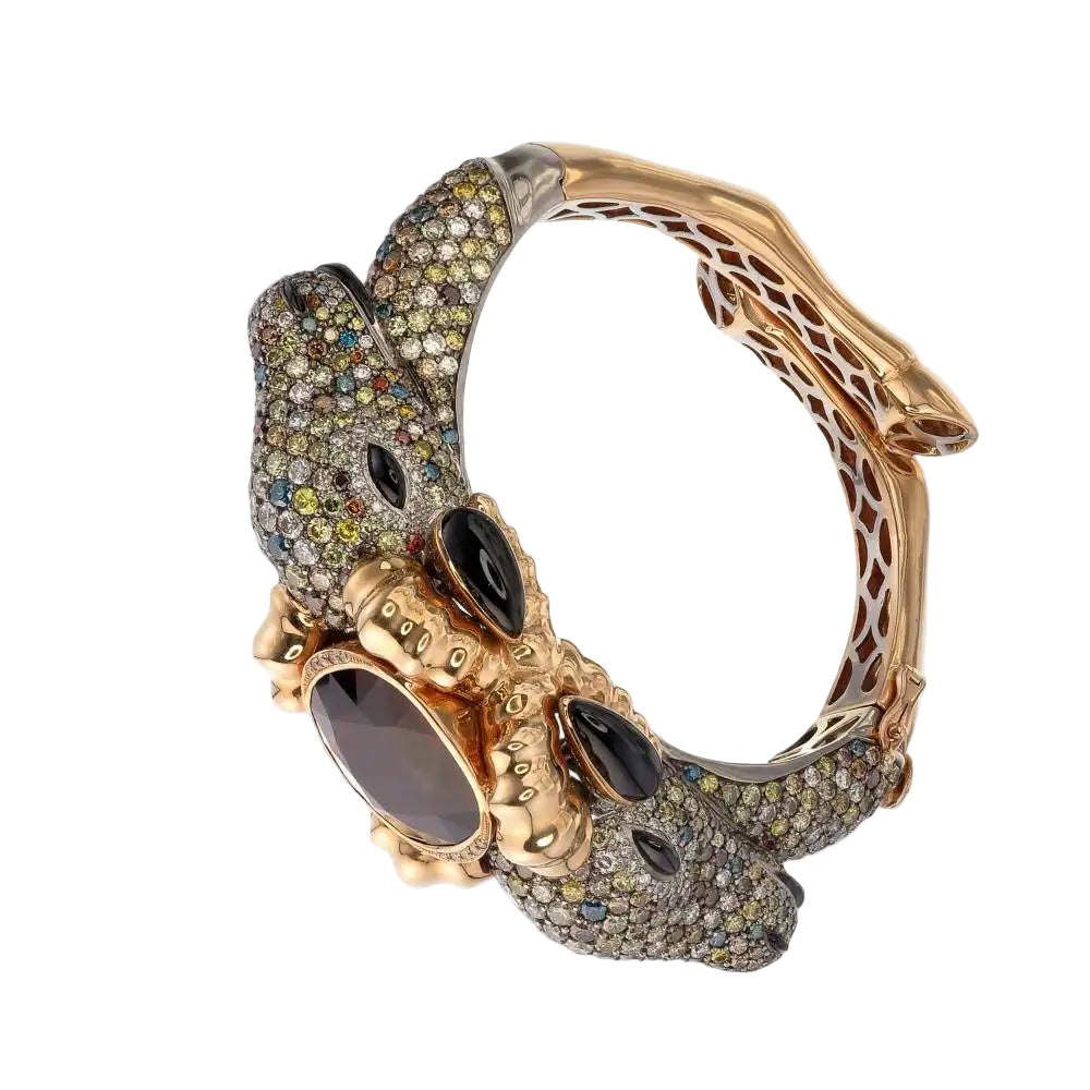 25.68 Carat Fancy Diamonds Intense Two-Faced Rams Bangle With Black Spinel