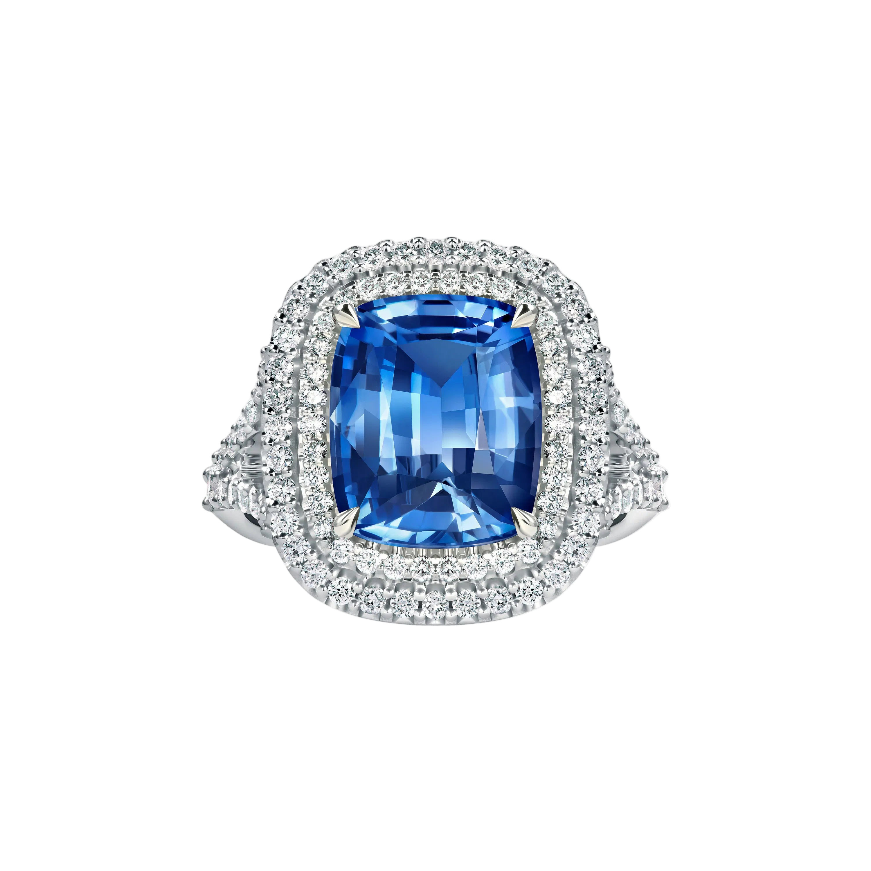 18k Solid White Gold Royal Blue Sapphire and Diamond Double Halo Cocktail Ring 6.25 CTW