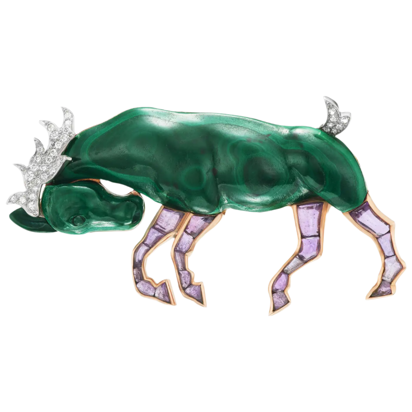 Malachite, Diamond, and Amethyst Retro Horse Brooch set in 18k Solid Gold
