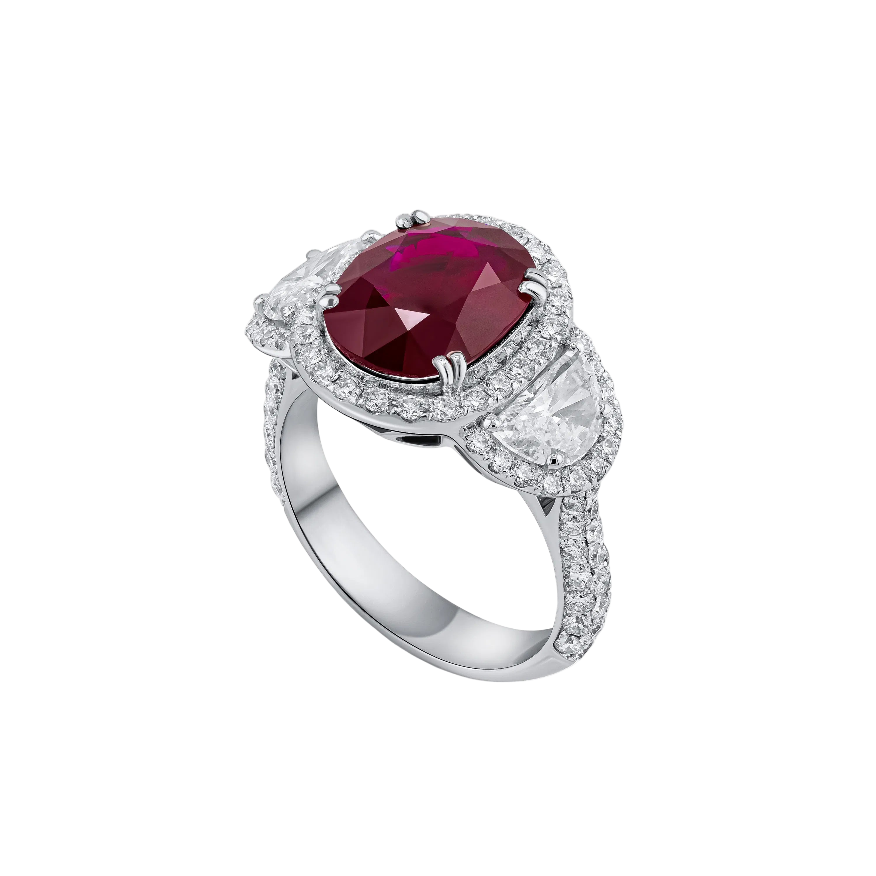 18k Solid White Gold Pigeon Blood Ruby and Diamond Trilogy Cocktail Ring 7.98 CTW