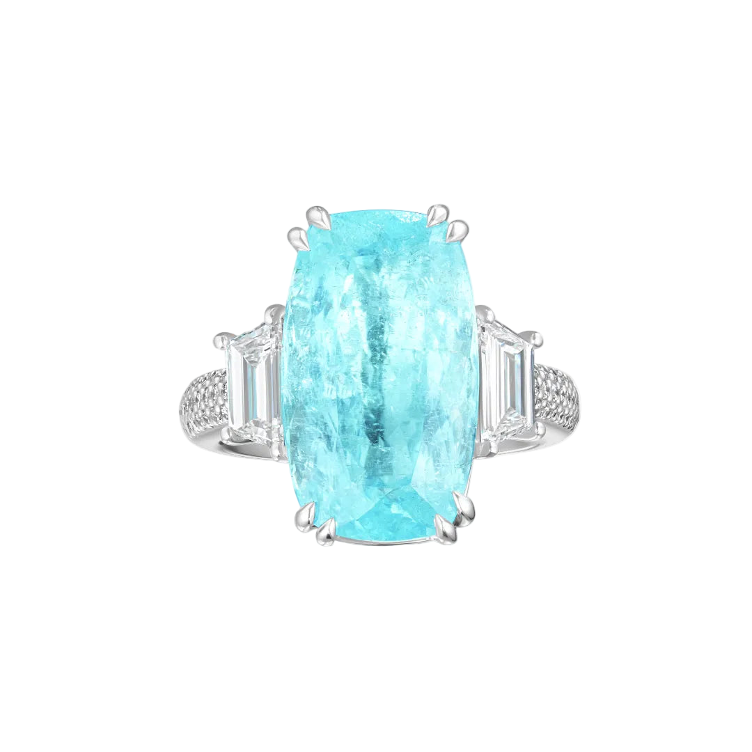 18k Solid White Gold Neon Blue Tourmaline and Diamond Trilogy Ring 11.10 CTW