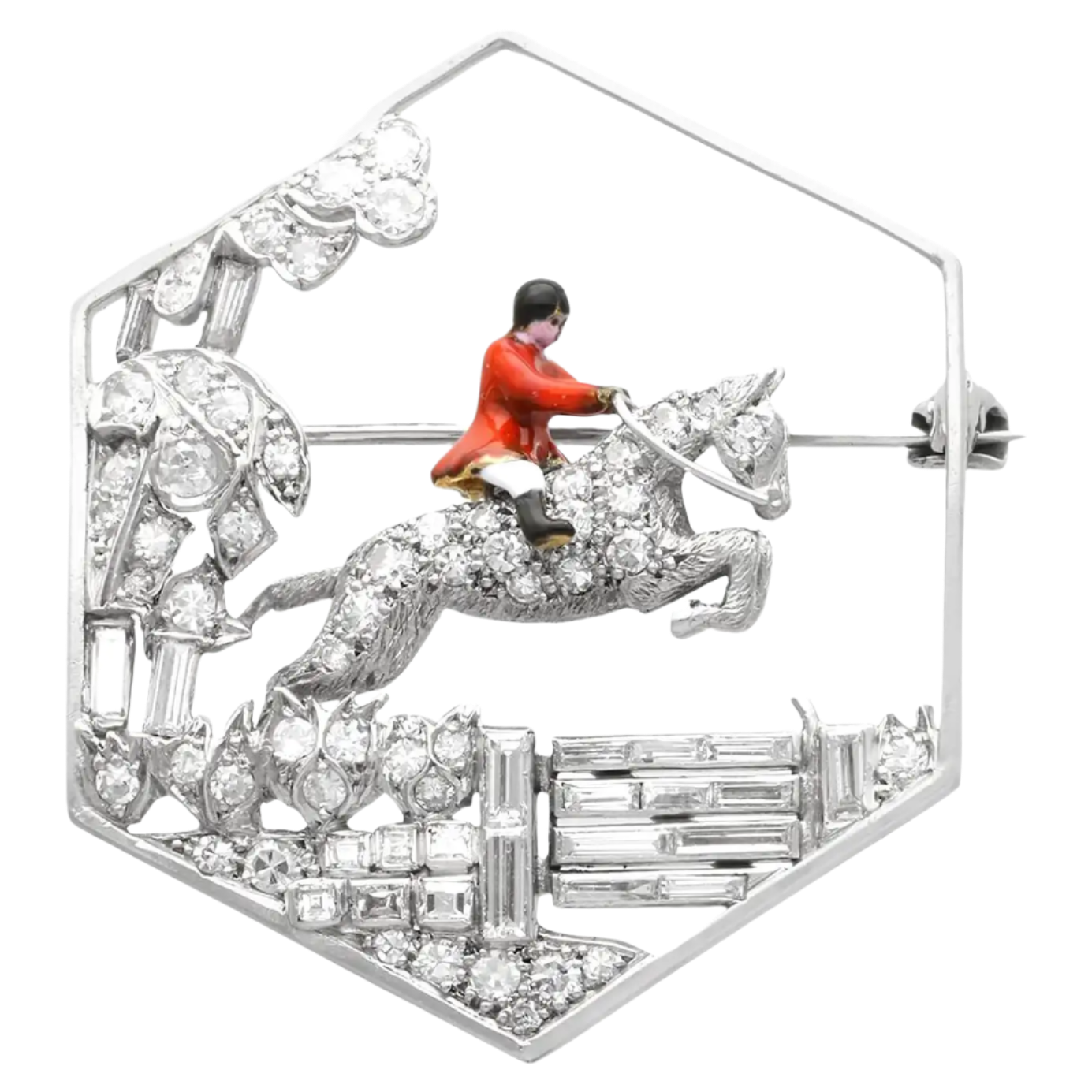 Antique Diamond, Enamel and Platinum Horse and Huntsman Brooch 1.77 CTW