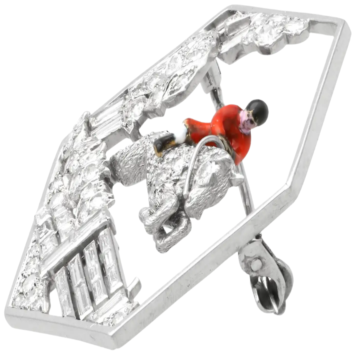 Antique Diamond, Enamel and Platinum Horse and Huntsman Brooch 1.77 CTW