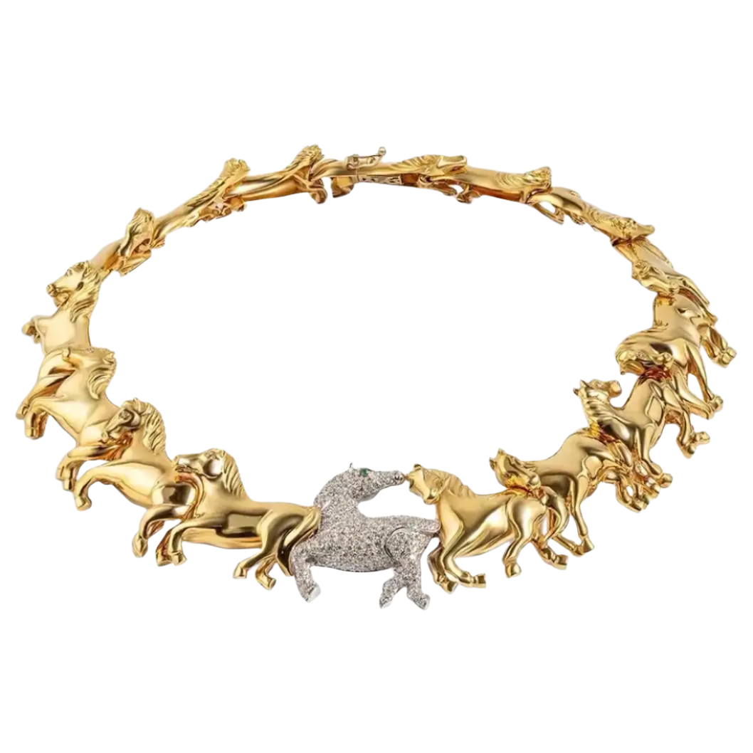 Galloping Horses 18k Solid Yellow Gold 2ct Diamond Pave Choker Necklace