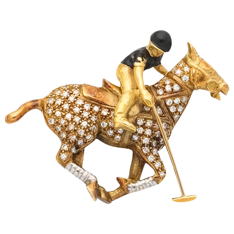 1980s Diamond Enamel Polo Pony Articulated Player Horse Brooch Gold