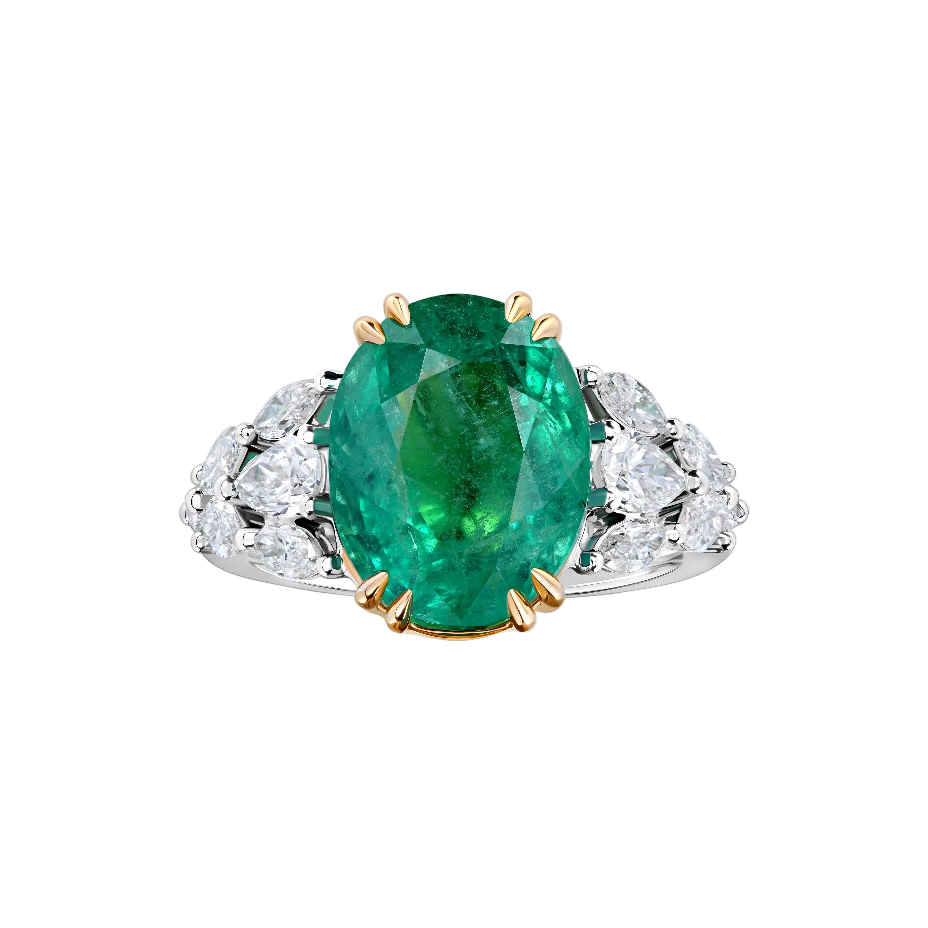18k Solid White Gold Zambian Emerald and Diamond Statement Cocktail Ring 6.85 CTW