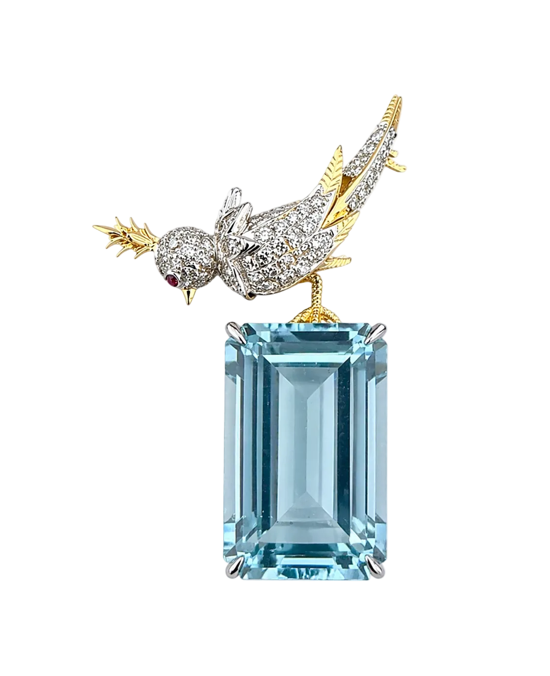 18k Solid Gold Diamond Bird Brooch With 27.55CT Intense Blue Aquamarine