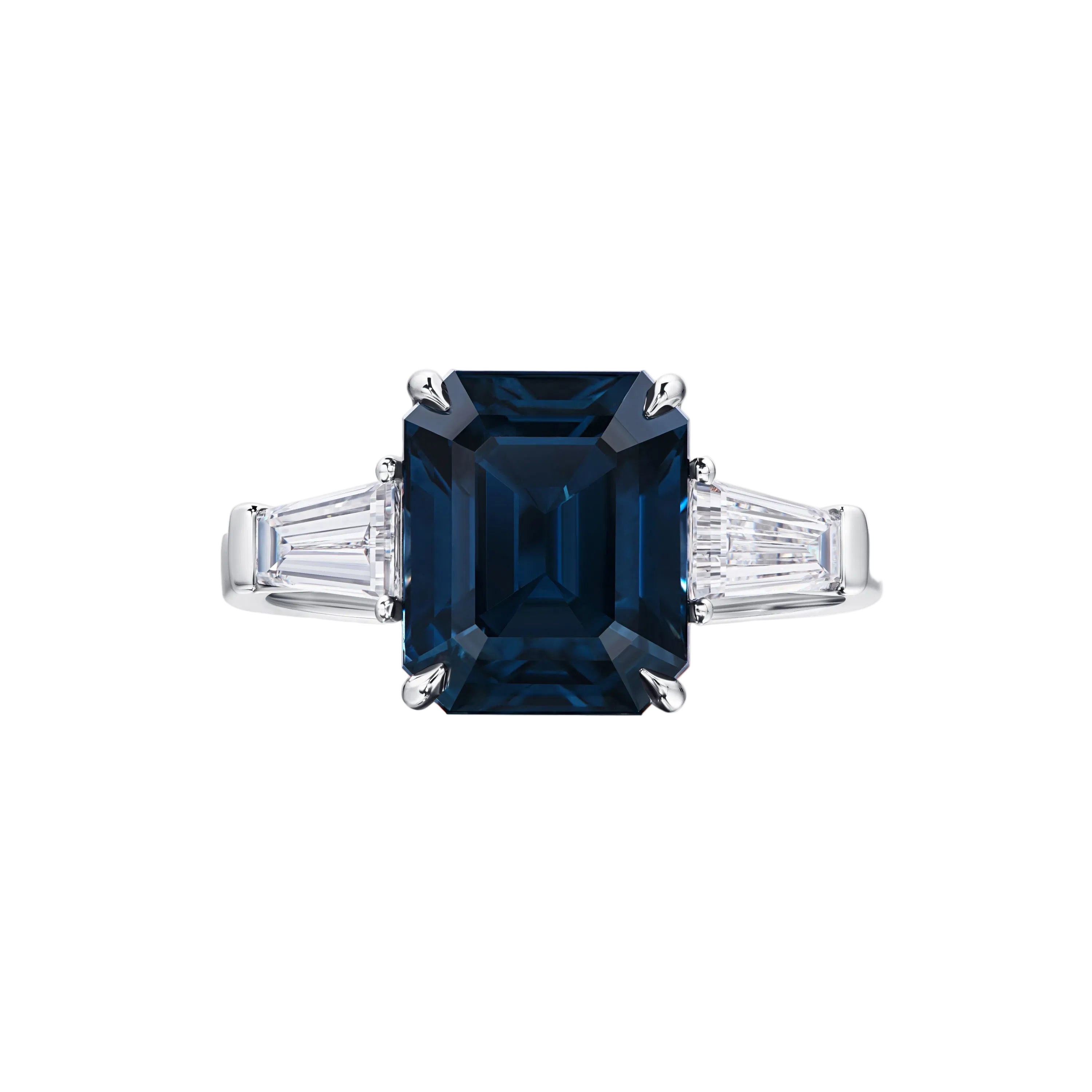 18k Solid White Gold Royal Blue Sapphire and Diamond Classic Three Stone Ring 4.88 CTW