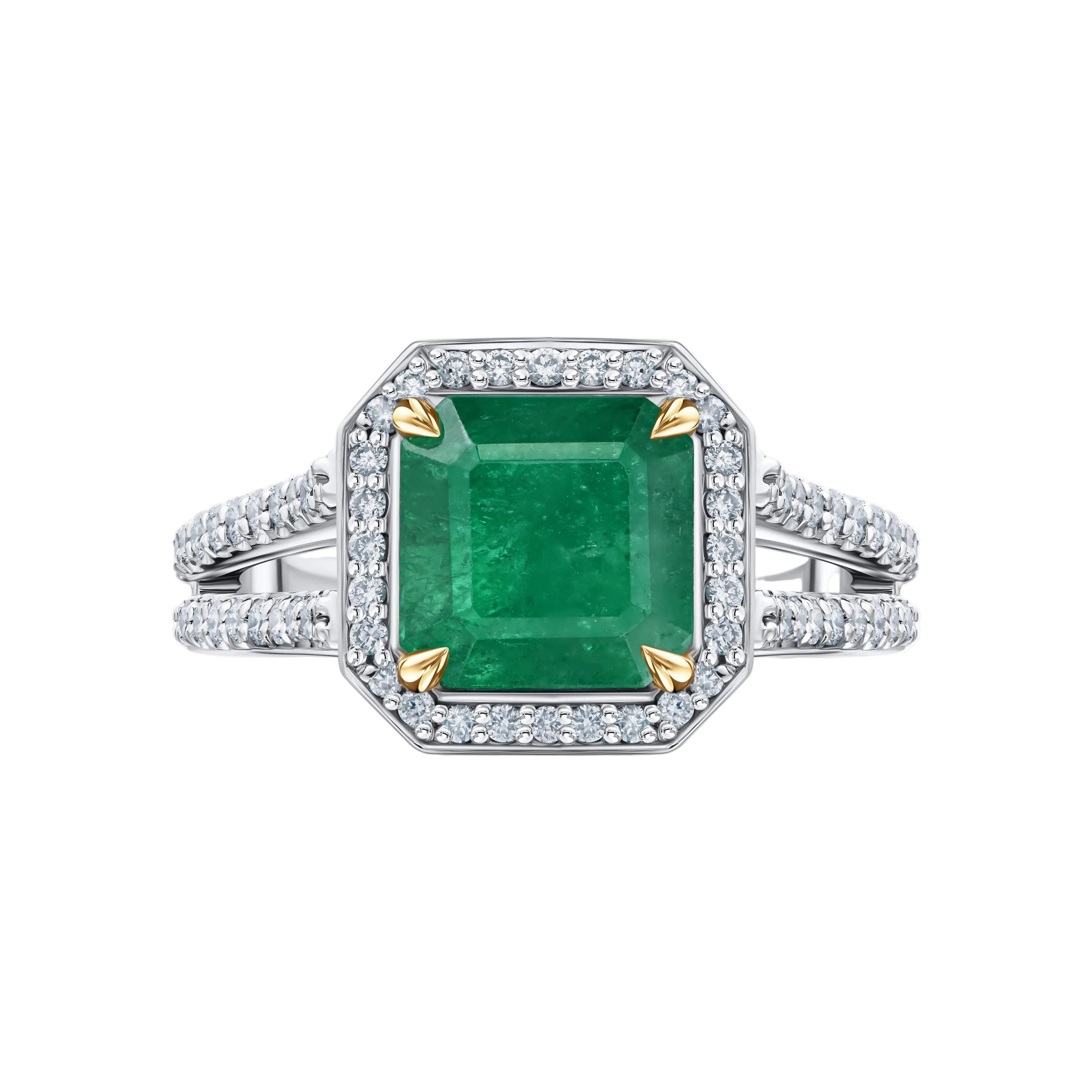 18k Solid White Gold Zambian Emerald and Diamond Cocktail Ring 3,55 CTW