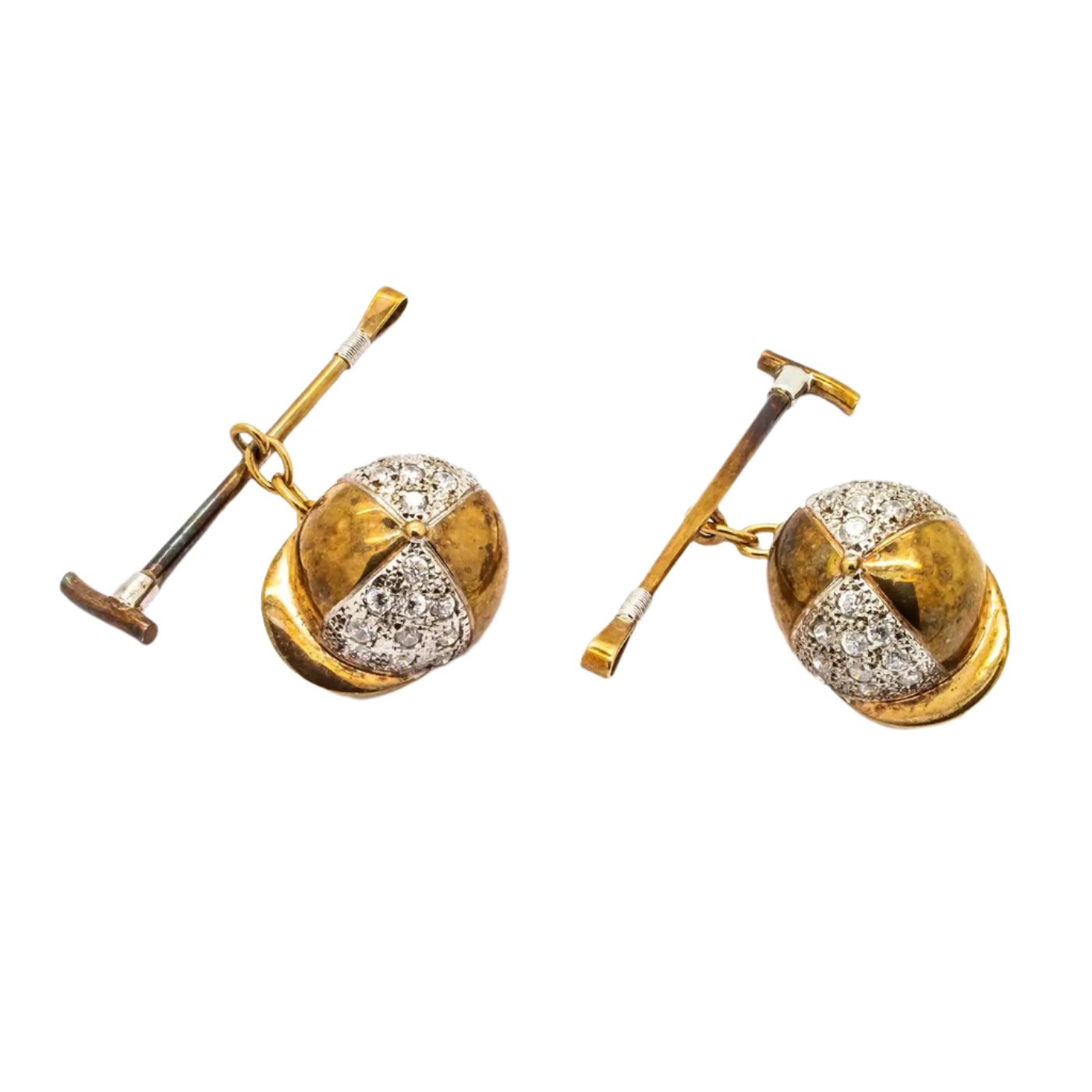 18k Solid Yellow Gold Vintage Diamond Jockey Cufflinks, 1980