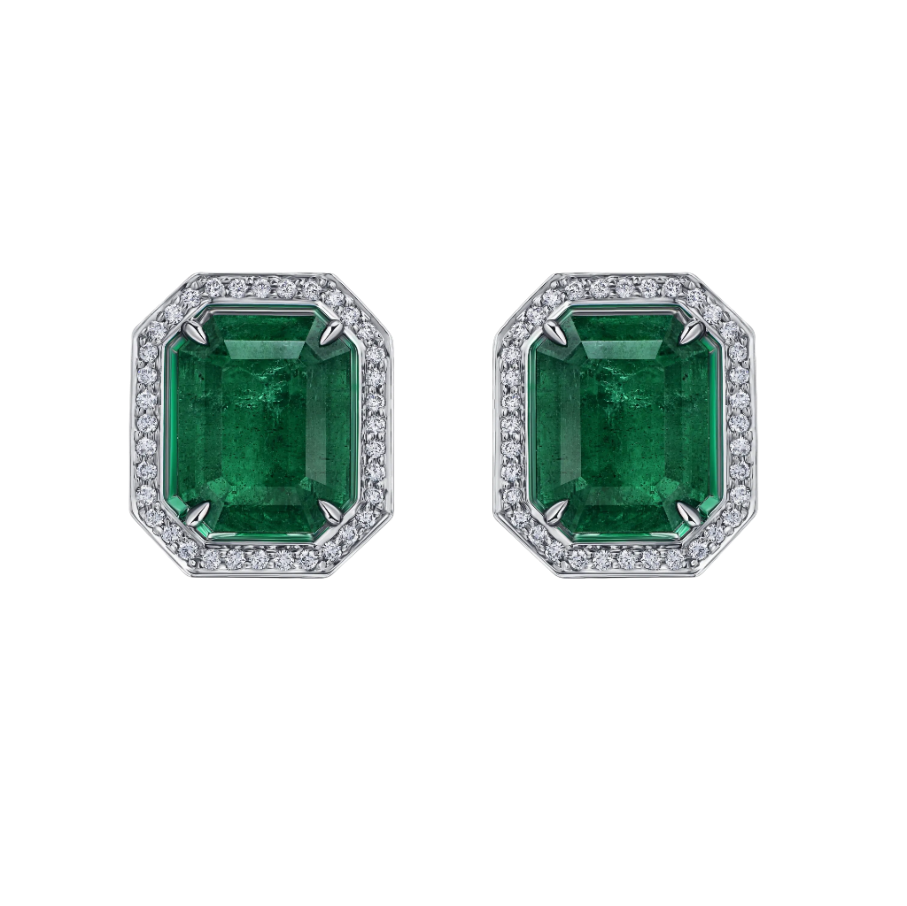 18k Solid White Gold Colombian Emerald and Diamond Transformer Studs 5.55 CTW