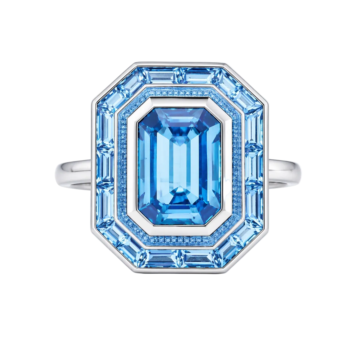 18k Solid White Gold Emerald Cut Aquamarine Cocktail Ring with Baguette Sides 7.25 CTW