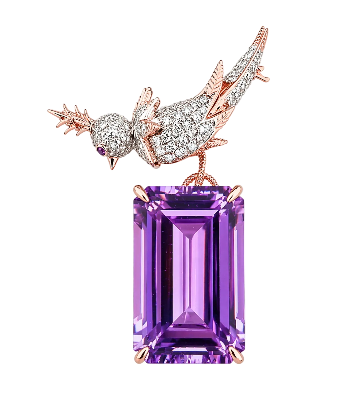 18k Solid Gold Diamond Bird Brooch With 28.15CT Purple African Amethyst