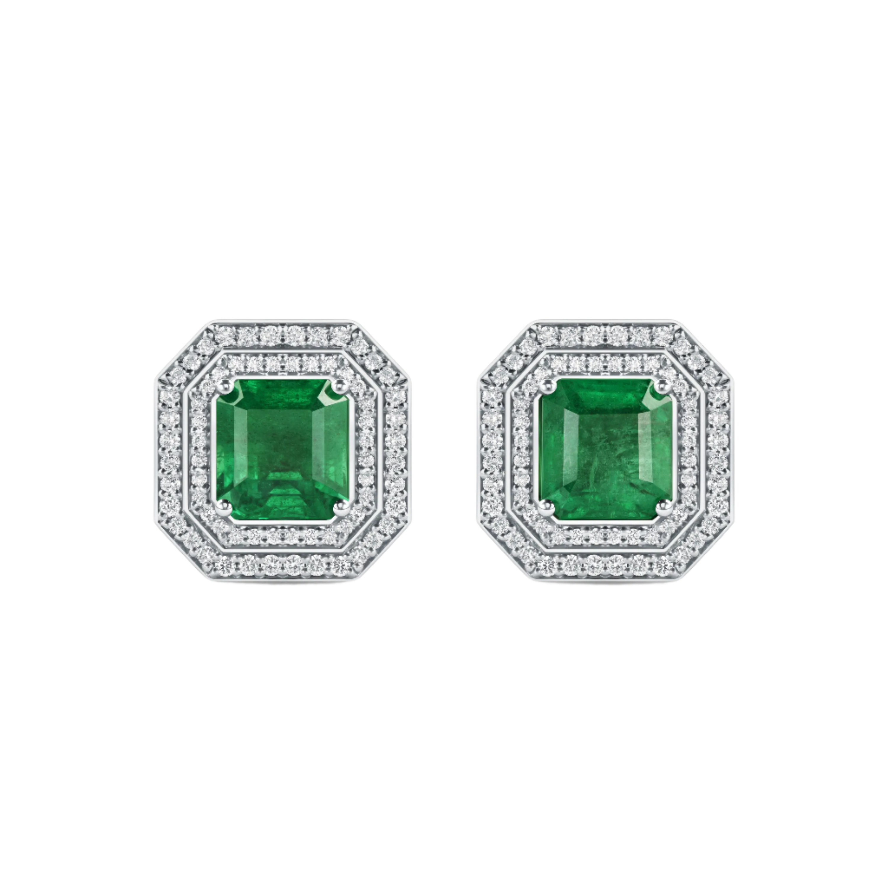 18k Solid White Gold Zambian Emerald and Diamond Studs 4.20 CTW