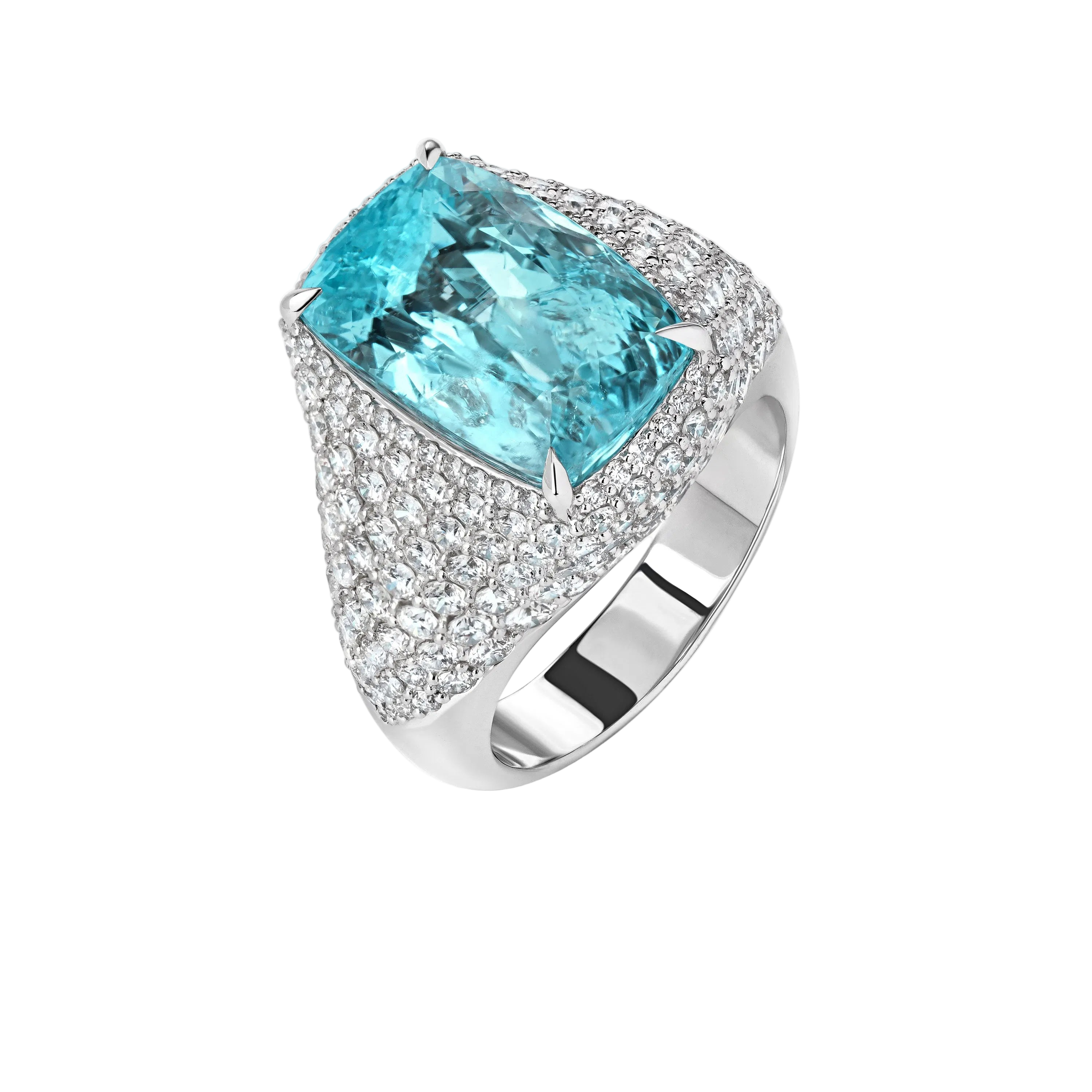 18k Solid White Gold Neon Blue Tourmaline and Diamond Cocktail Ring 7.87 CTW