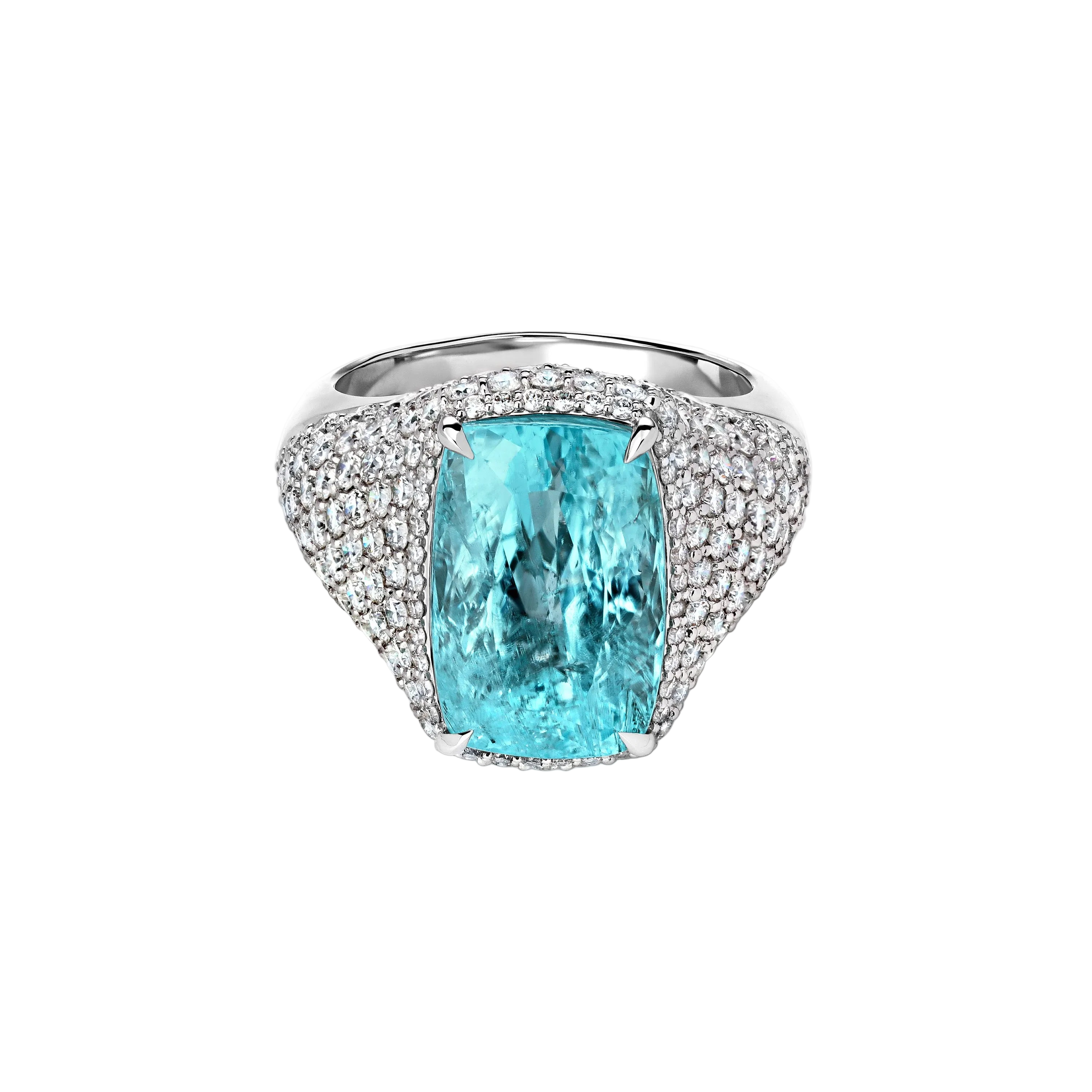 18k Solid White Gold Neon Blue Tourmaline and Diamond Cocktail Ring 7.87 CTW