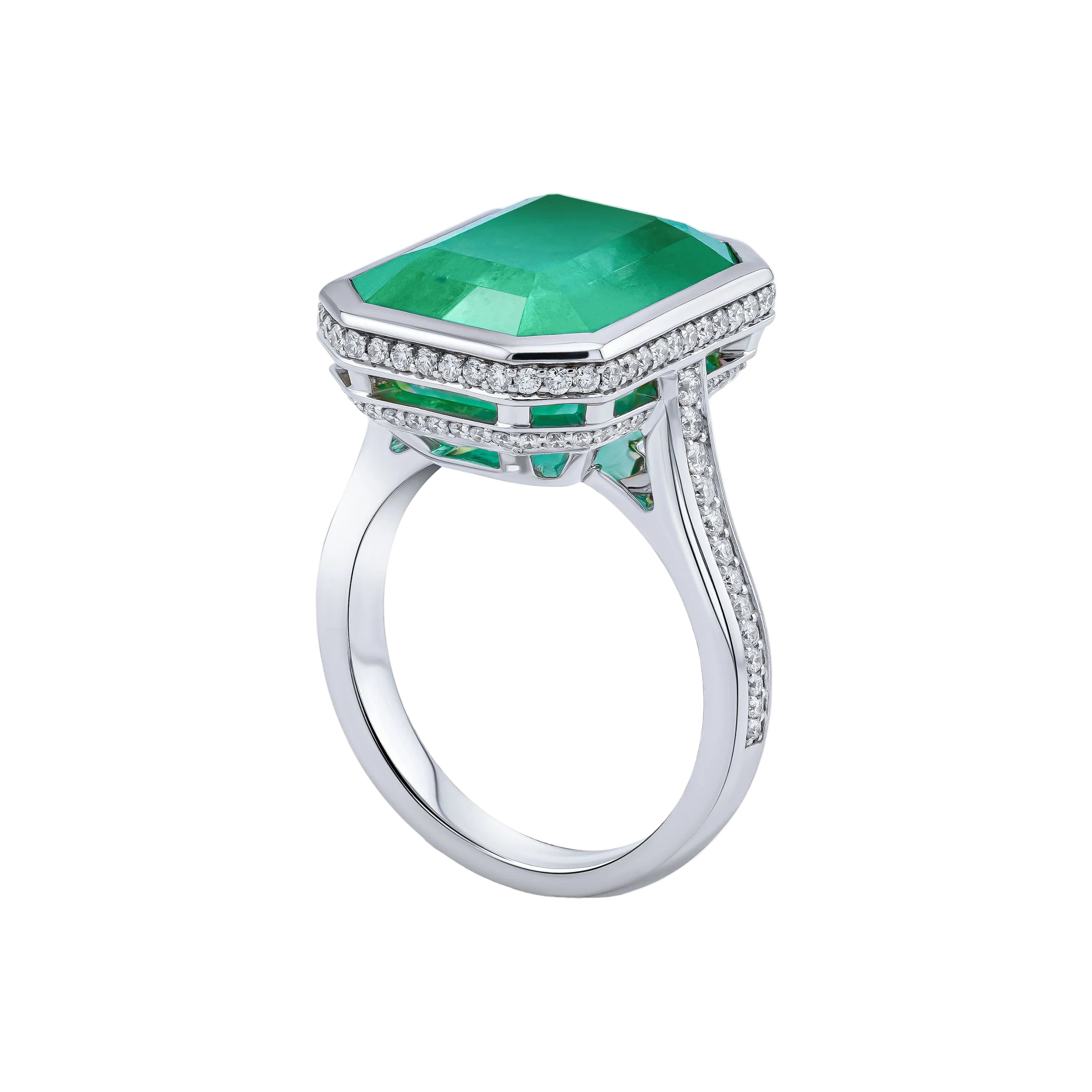 18k Solid White Gold Bezel Set Zambian Emerald and Diamond Cocktail Ring 11.55 CTW