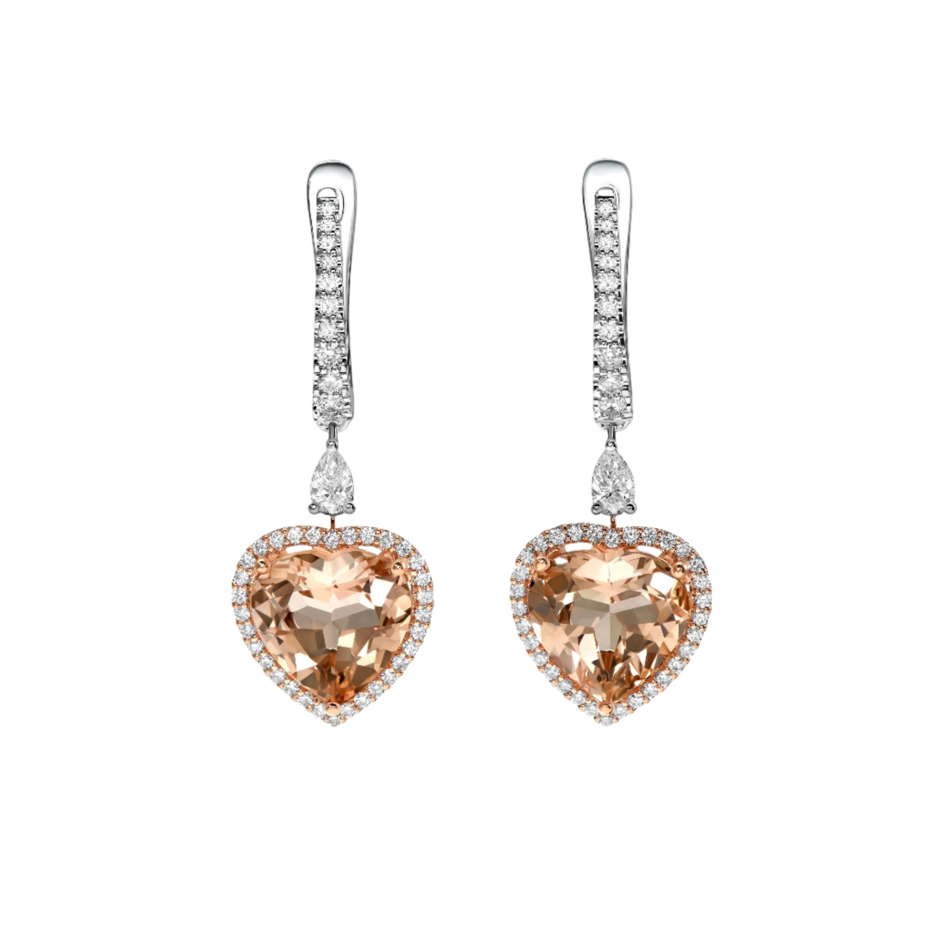 18k Solid White Gold Heart-Shaped Morganite and Diamond Earrings 7.25 CTW