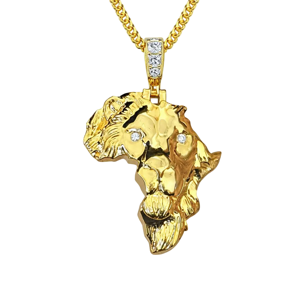 18k Solid Yellow Gold Lion Head Sculptured Pendant with Diamonds on a chain 0.45 CTW